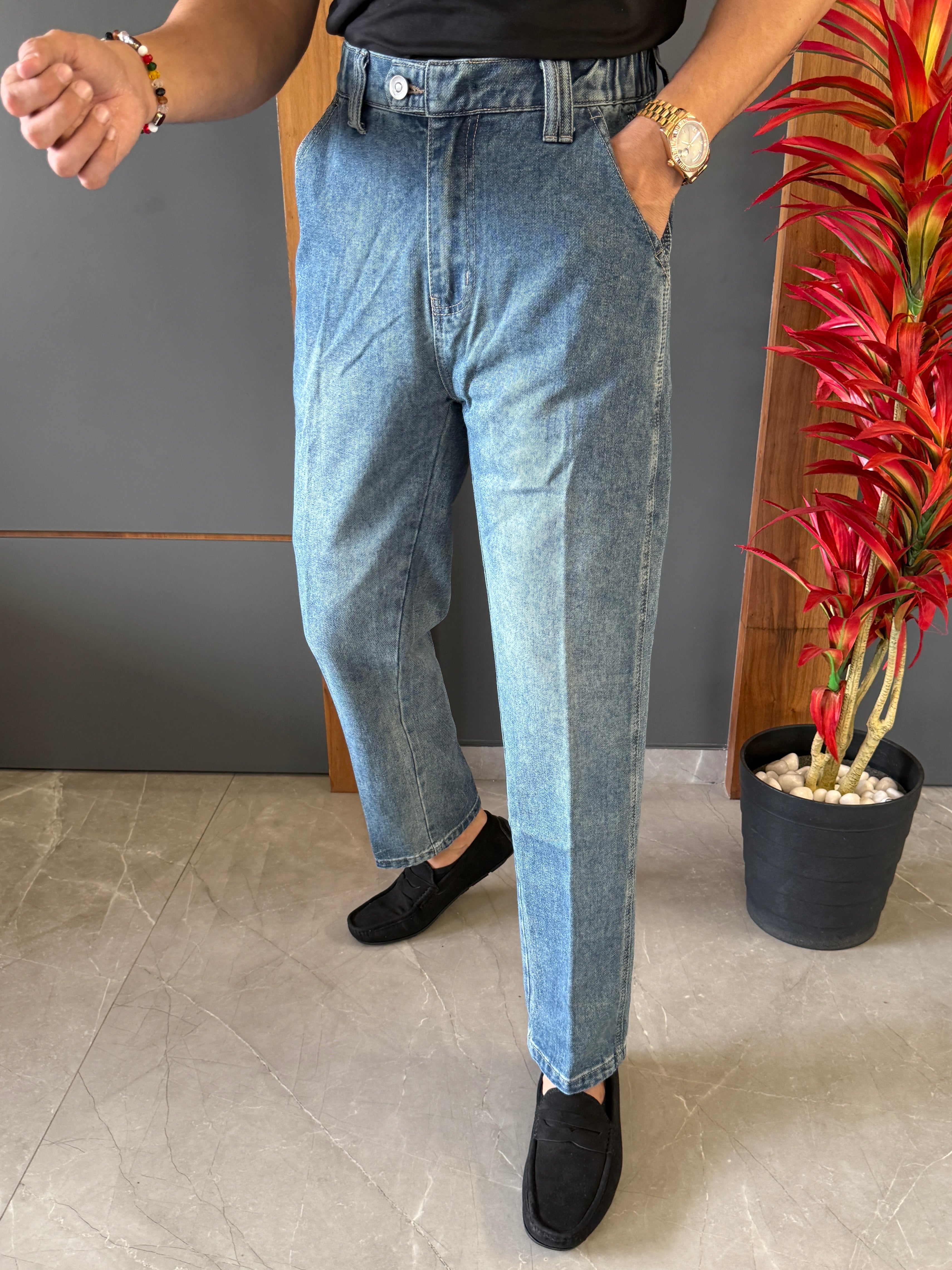 Korean Front Pleated Elastic Blue Jeans