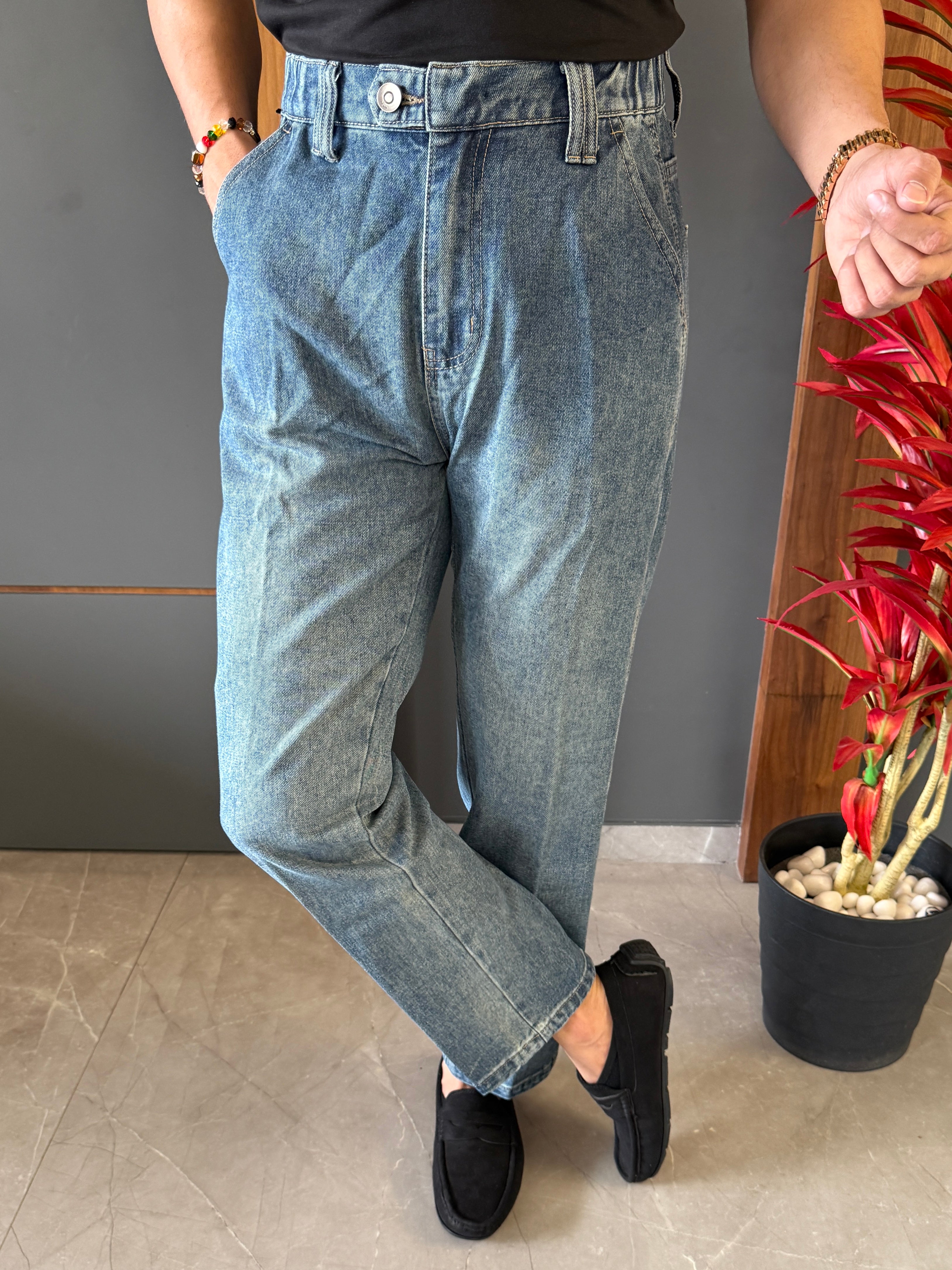 Korean Front Pleated Elastic Blue Jeans