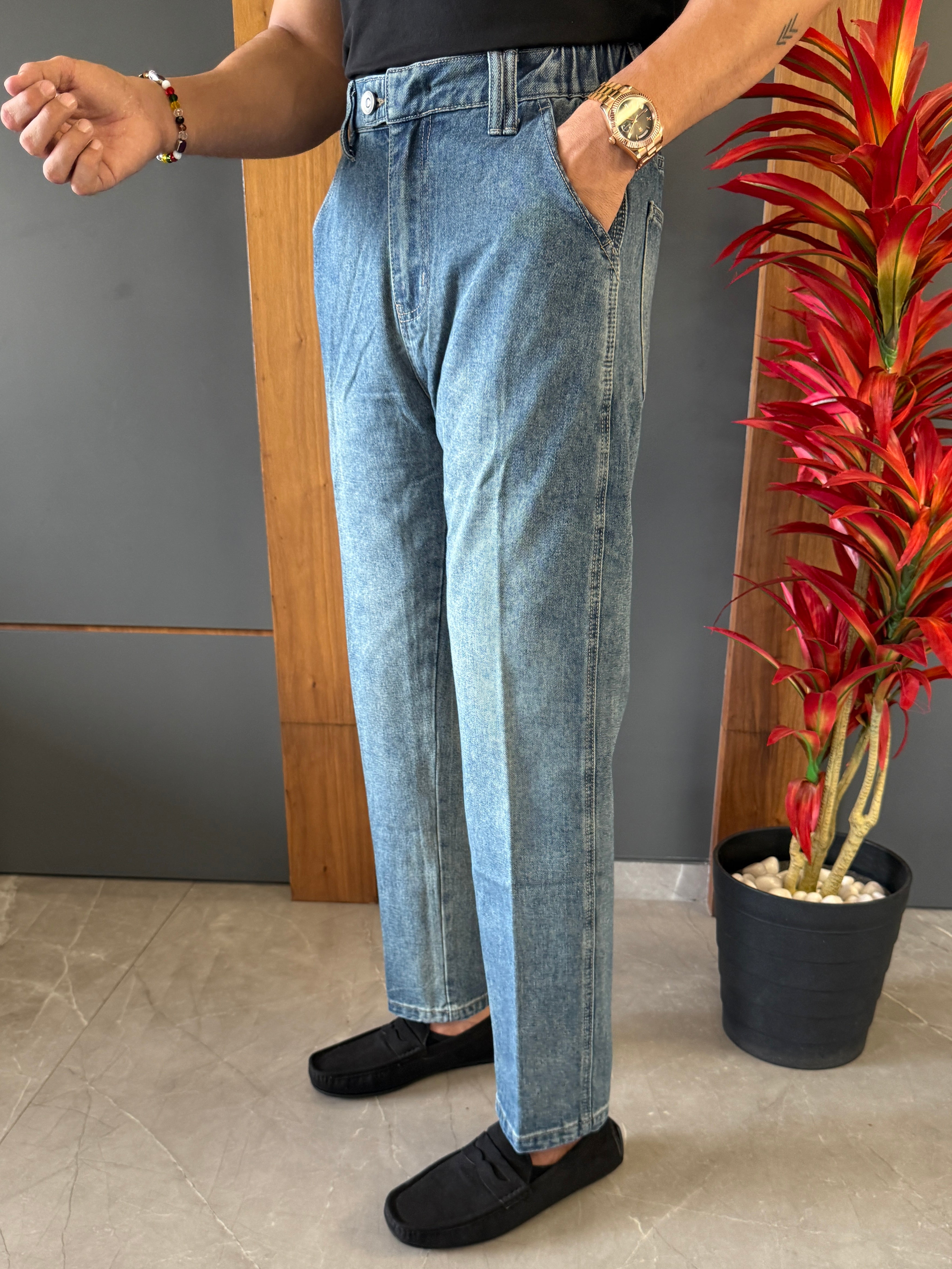 Korean Front Pleated Elastic Blue Jeans