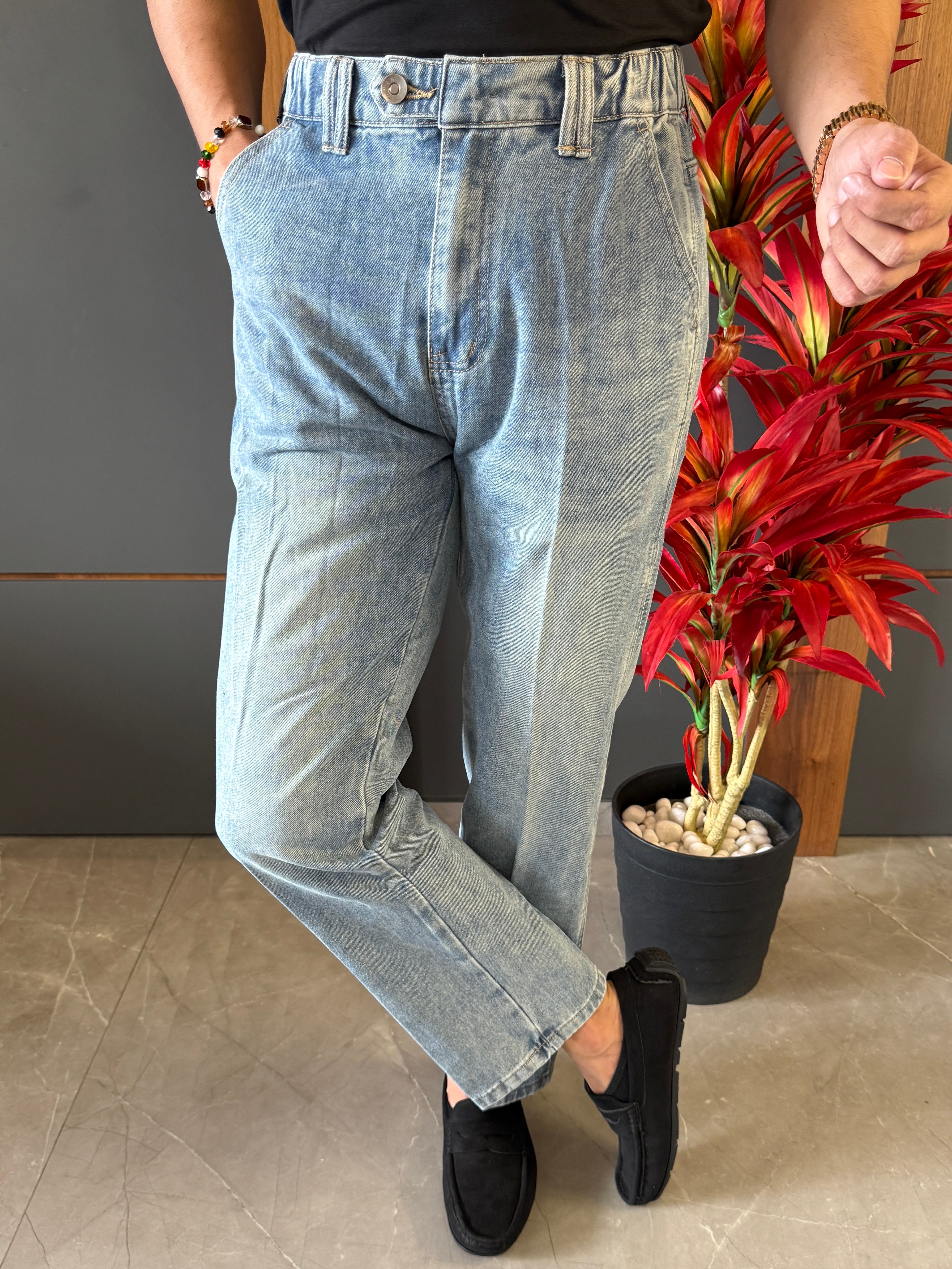 Korean Front Pleated Elastic Light Blue Jeans