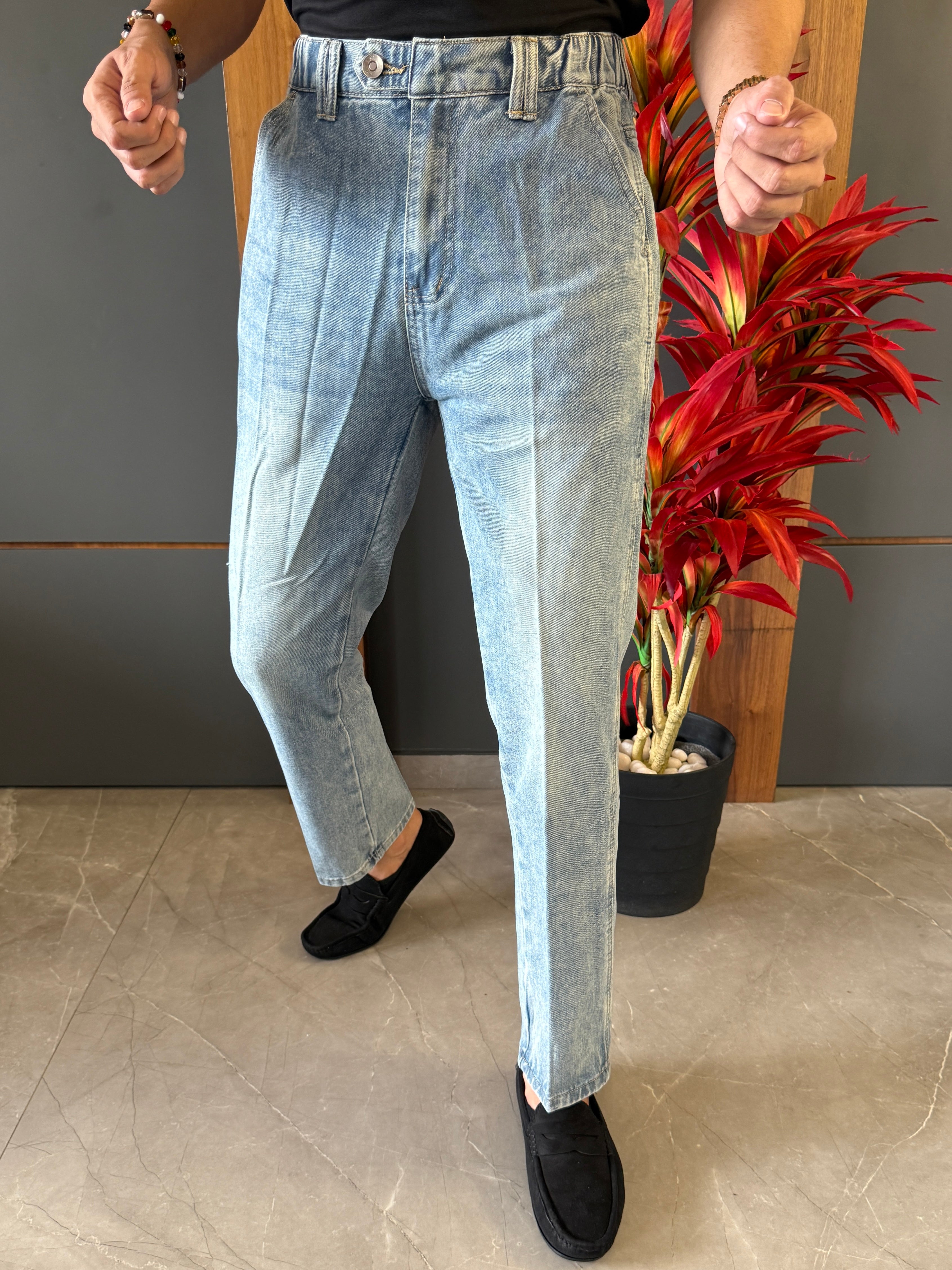 Korean Front Pleated Elastic Light Blue Jeans