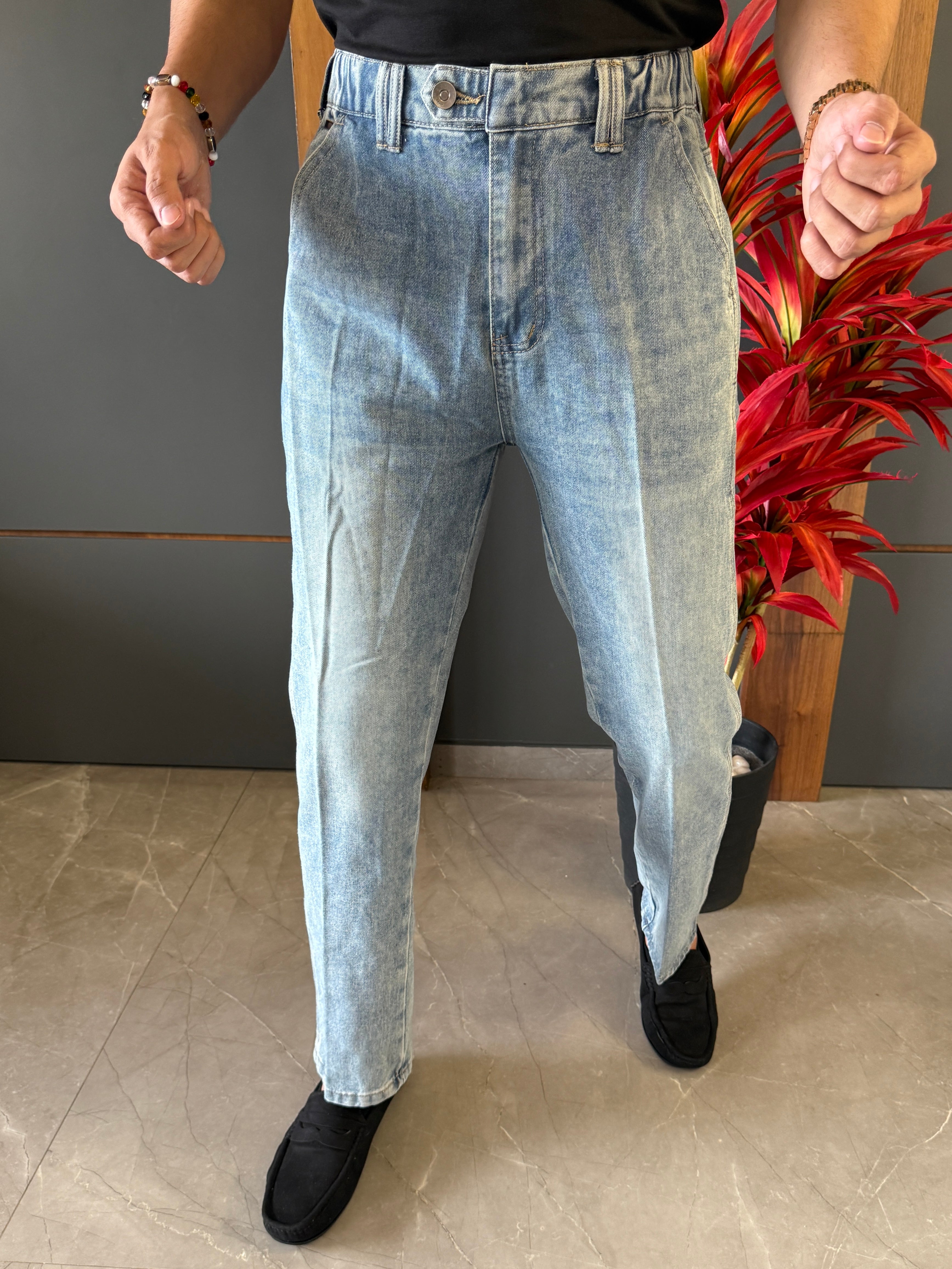 Korean Front Pleated Elastic Light Blue Jeans