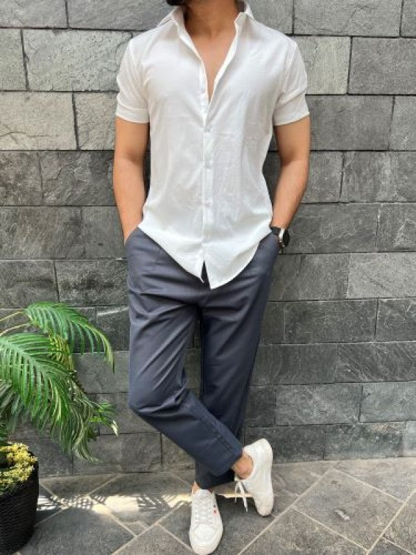 Imported Textured White Half Shirt