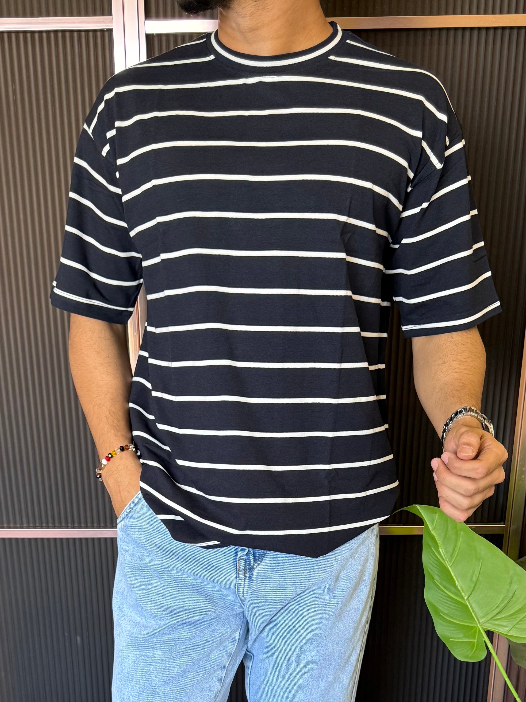 Matty Striper Navy Over Size T Shirt