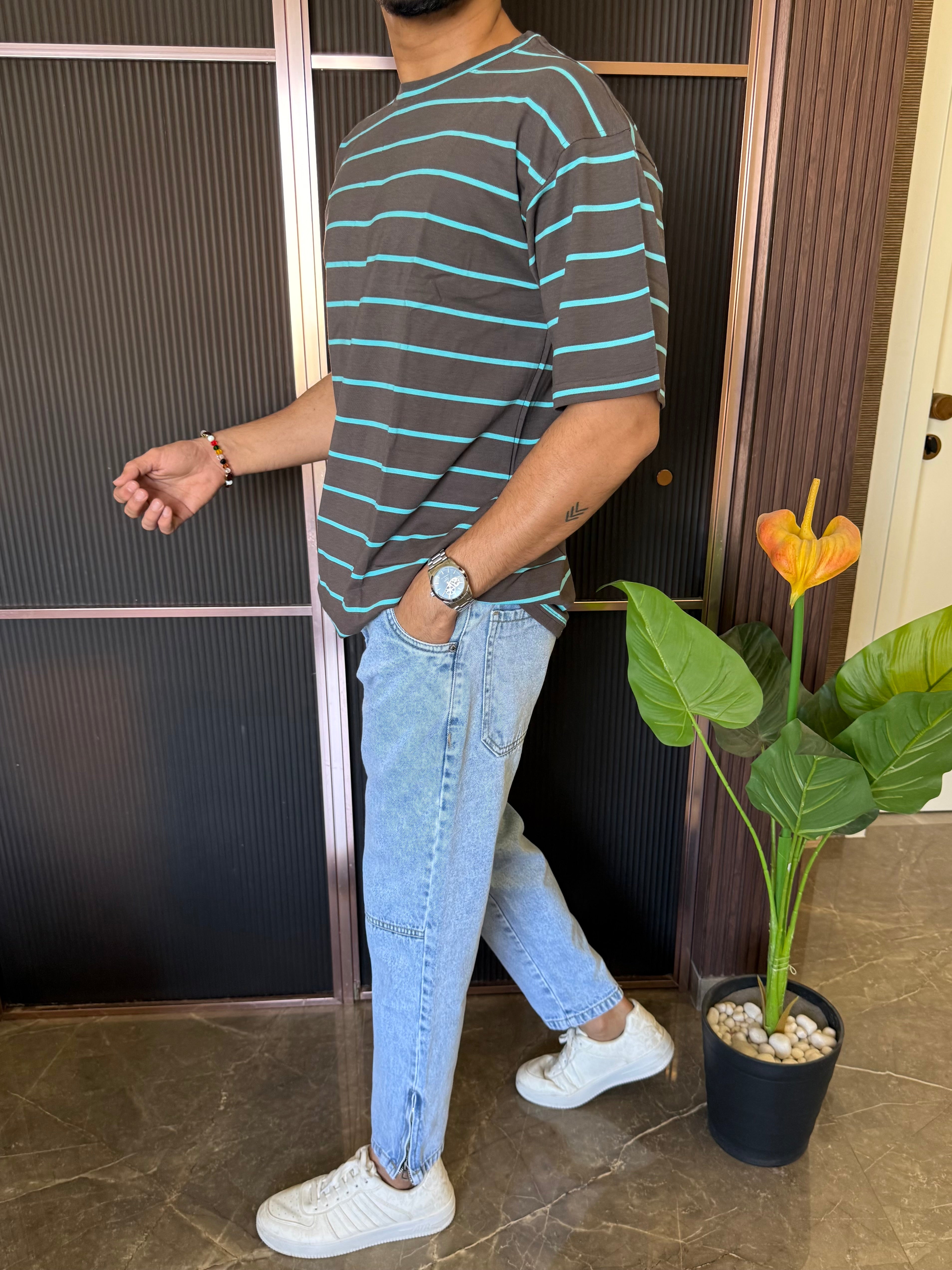 Matty Striper D Grey Over Size Tsshirt