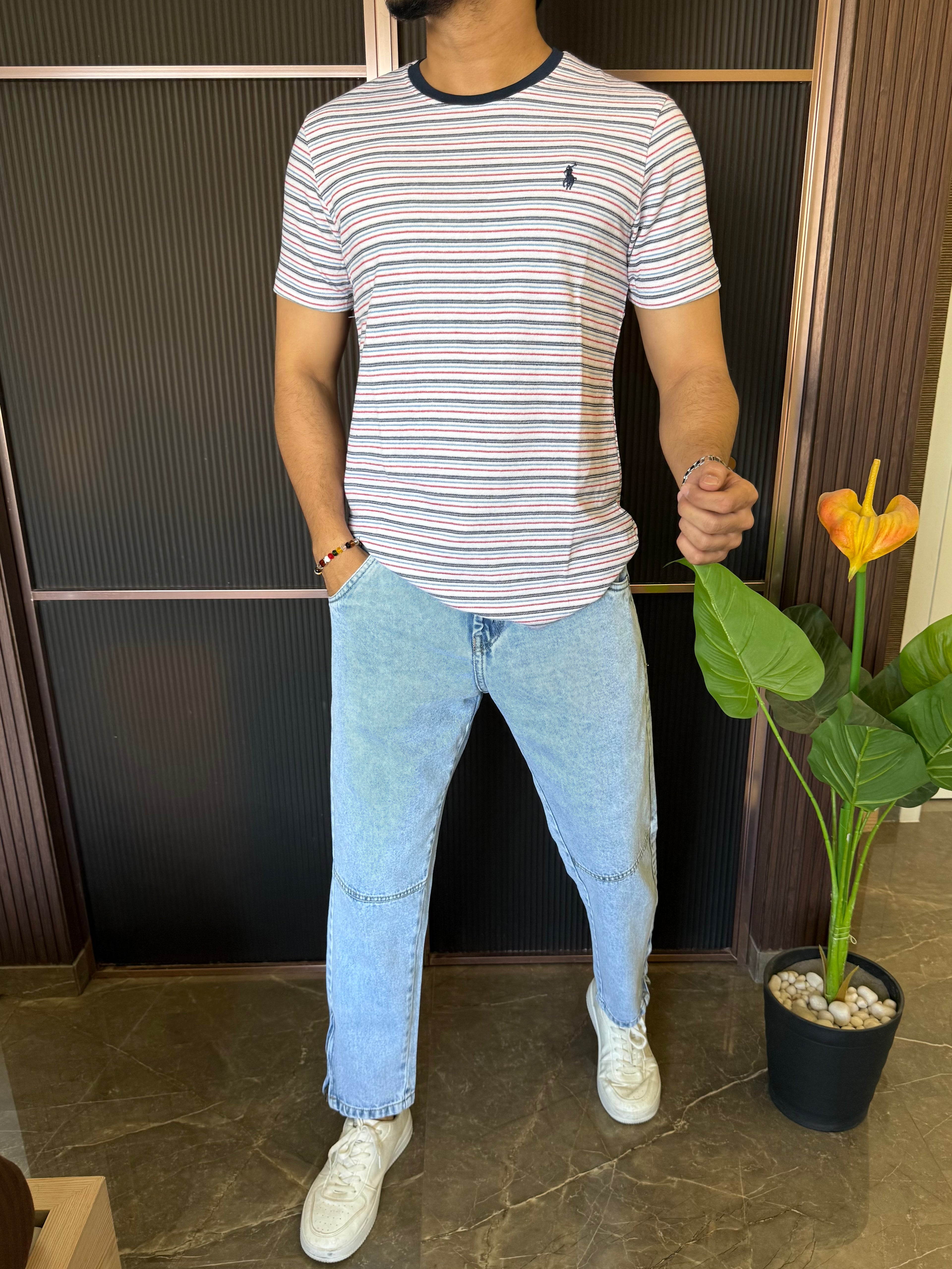 Polo Round Neck White Striper