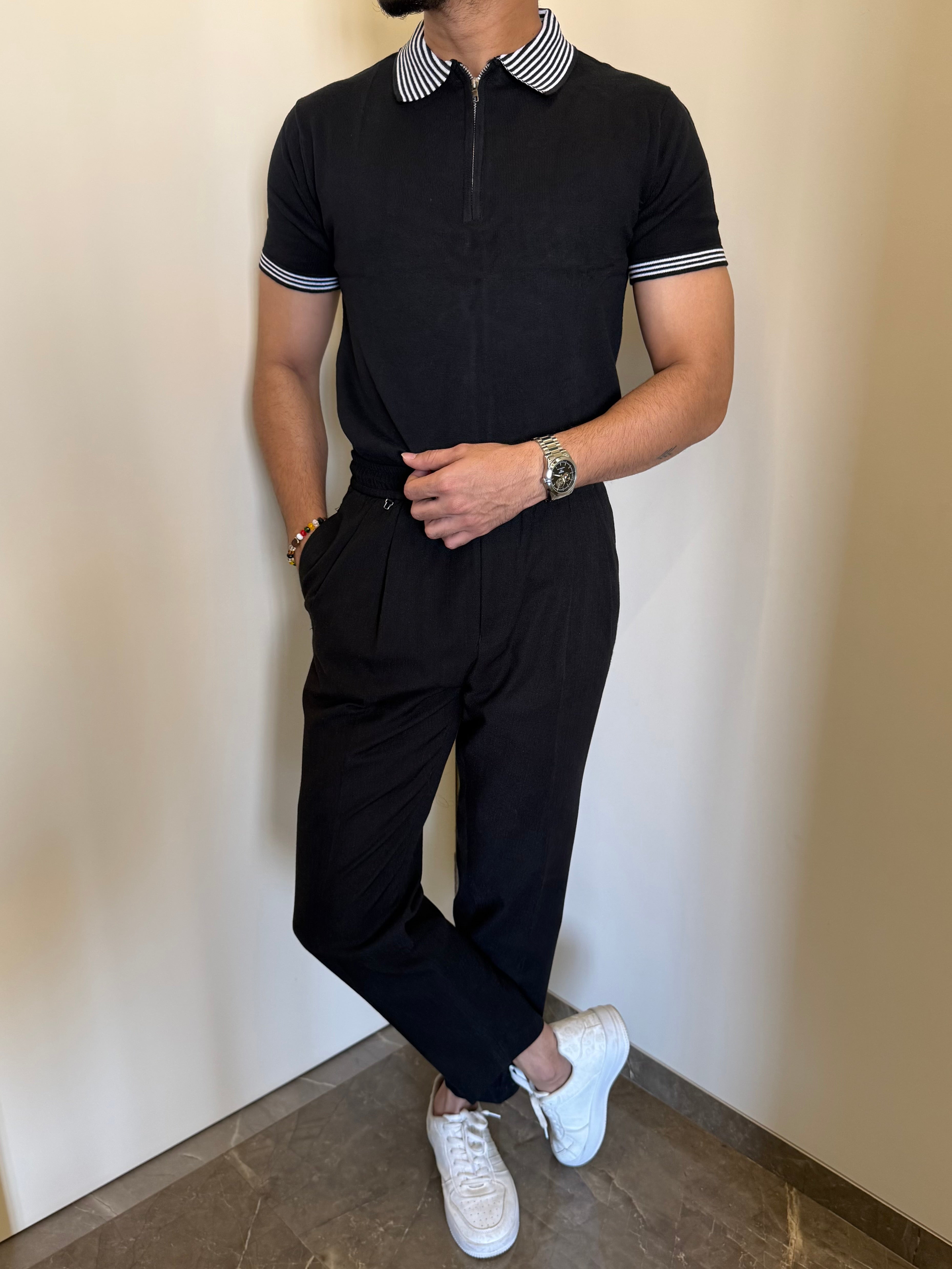 knitted Zip Collar Black T shirt