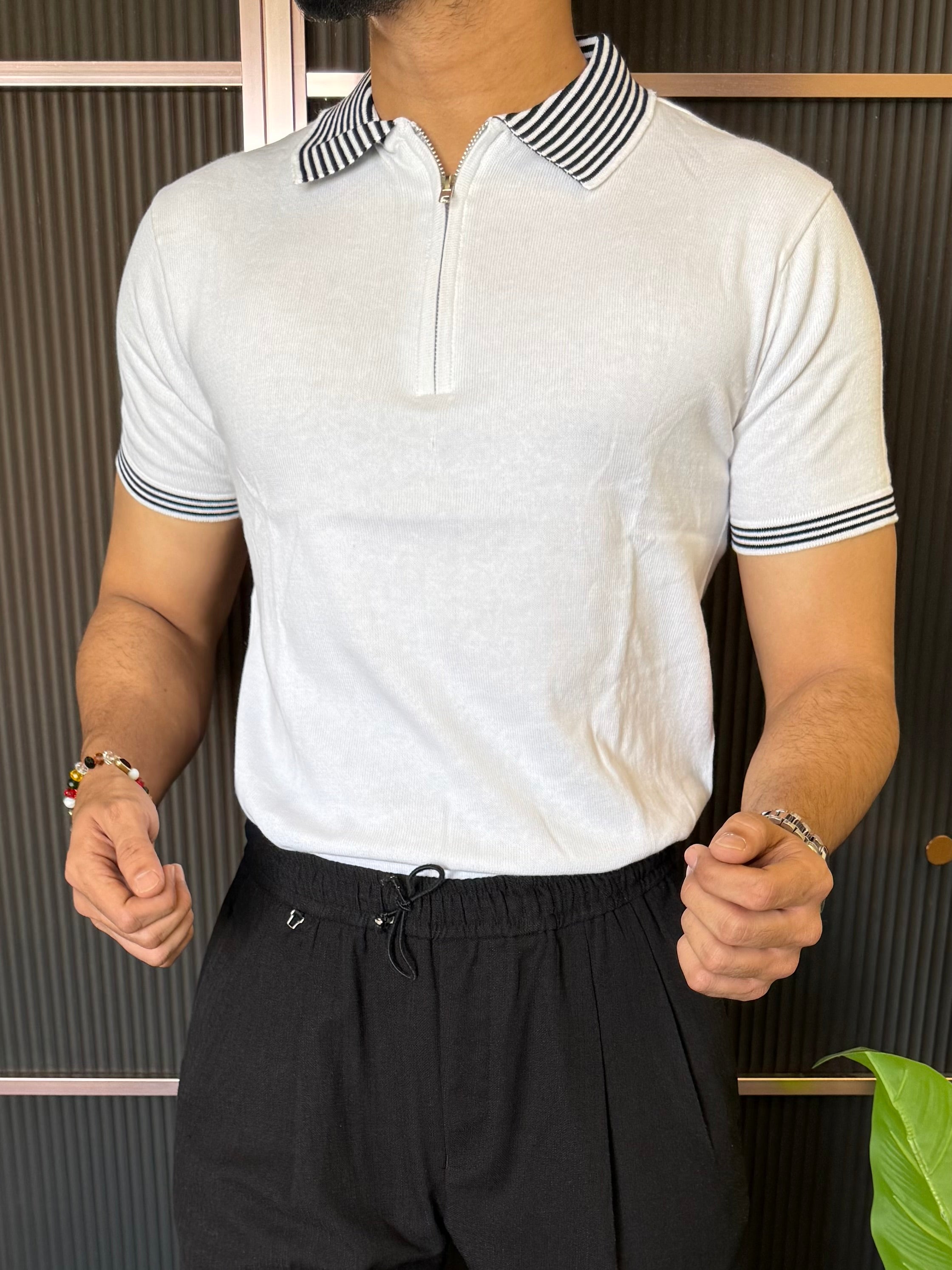 knitted Zip Collar White T shirt