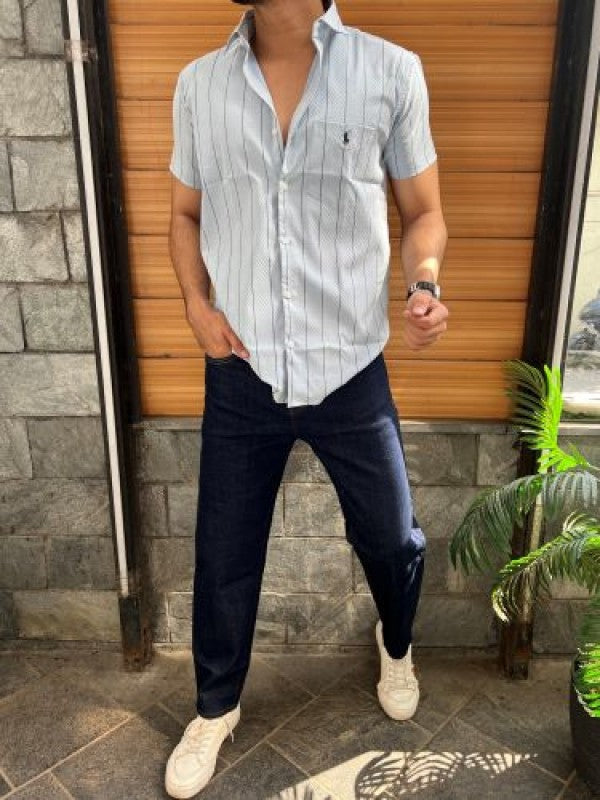 Stretchable Striper Sky blue Half Shirt