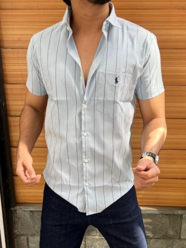 Stretchable Striper Sky blue Half Shirt