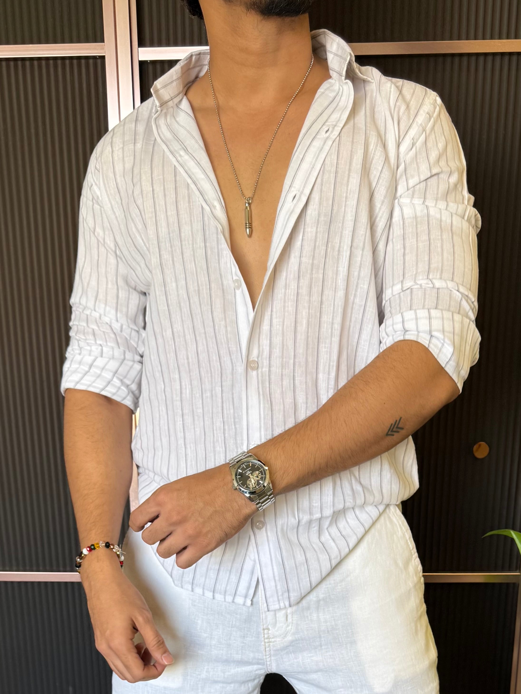 Linen Striper Grey Full Sleeve Shirt