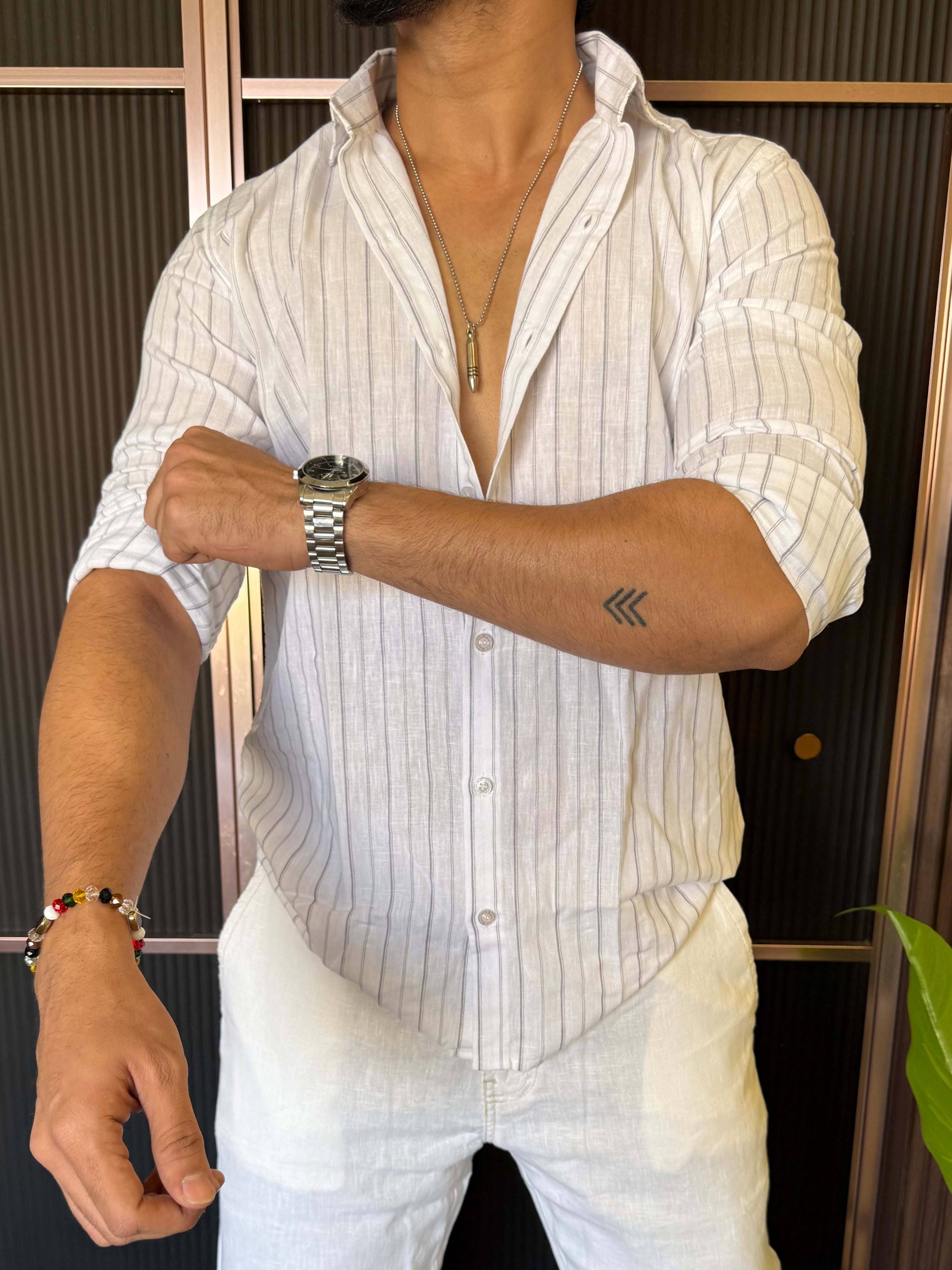 Linen Striper Grey Full Sleeve Shirt