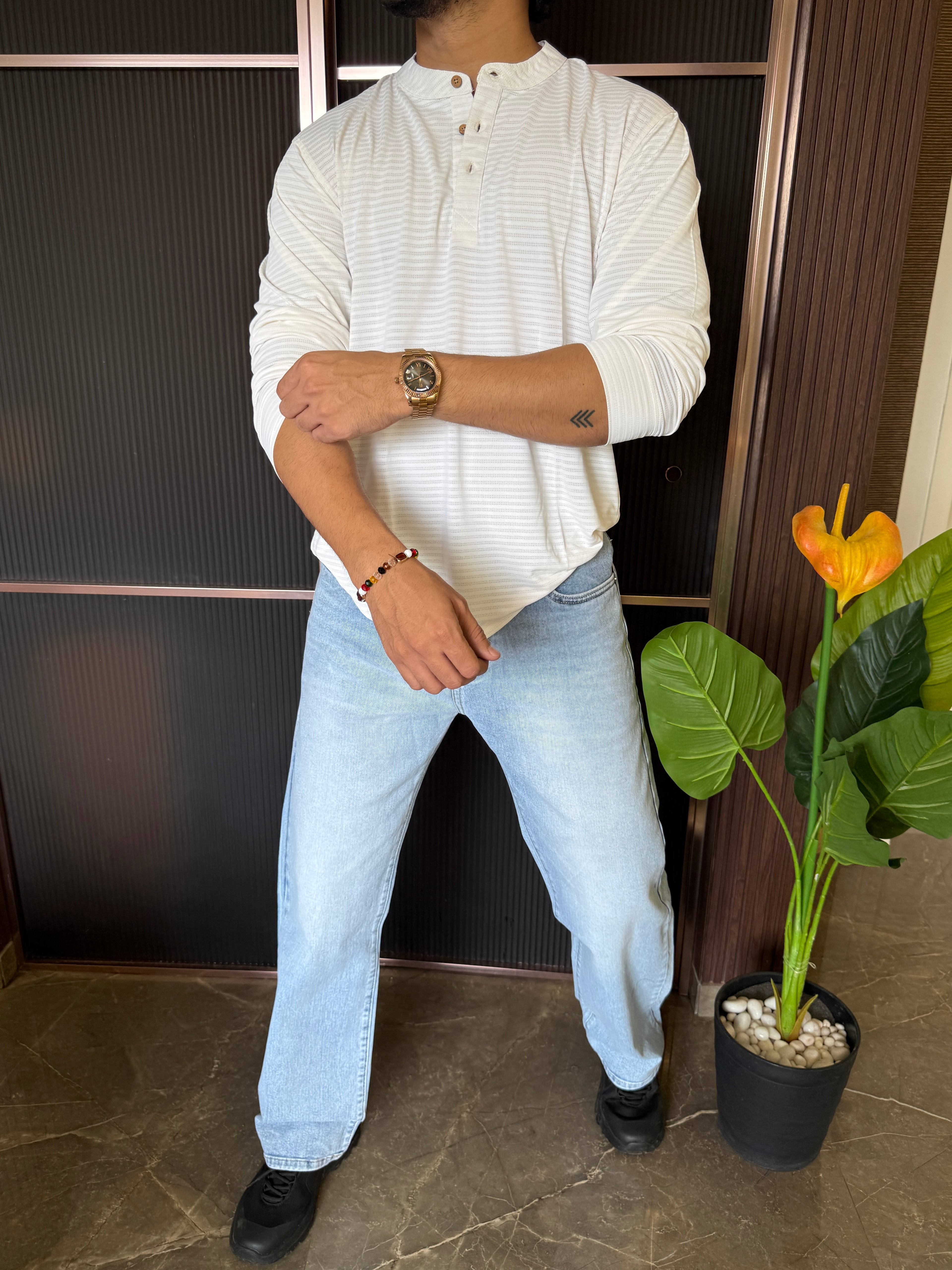 Henly Full Sleeve White T shirt