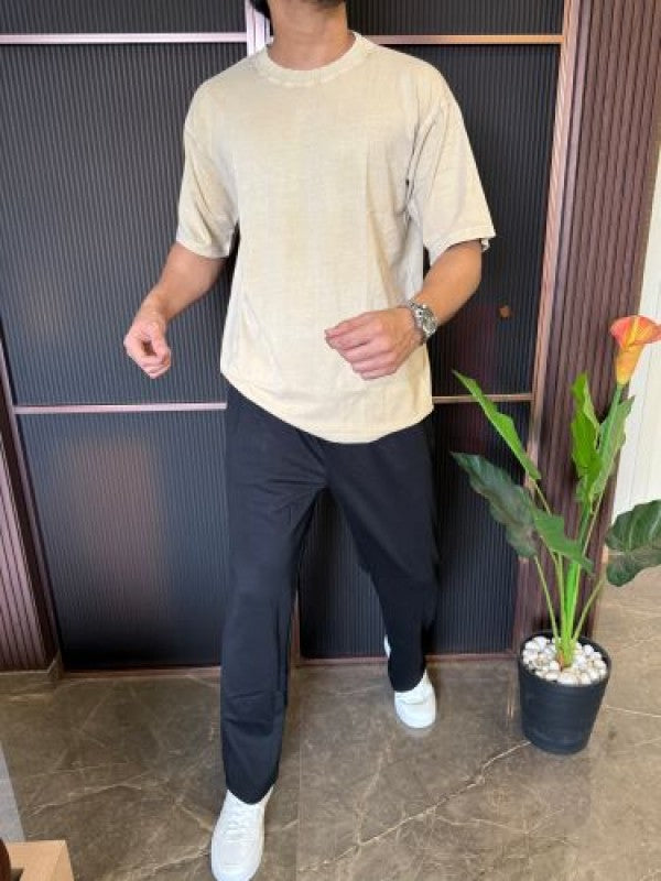 Over Dyed Drop Shoulder Cream Half T shirt