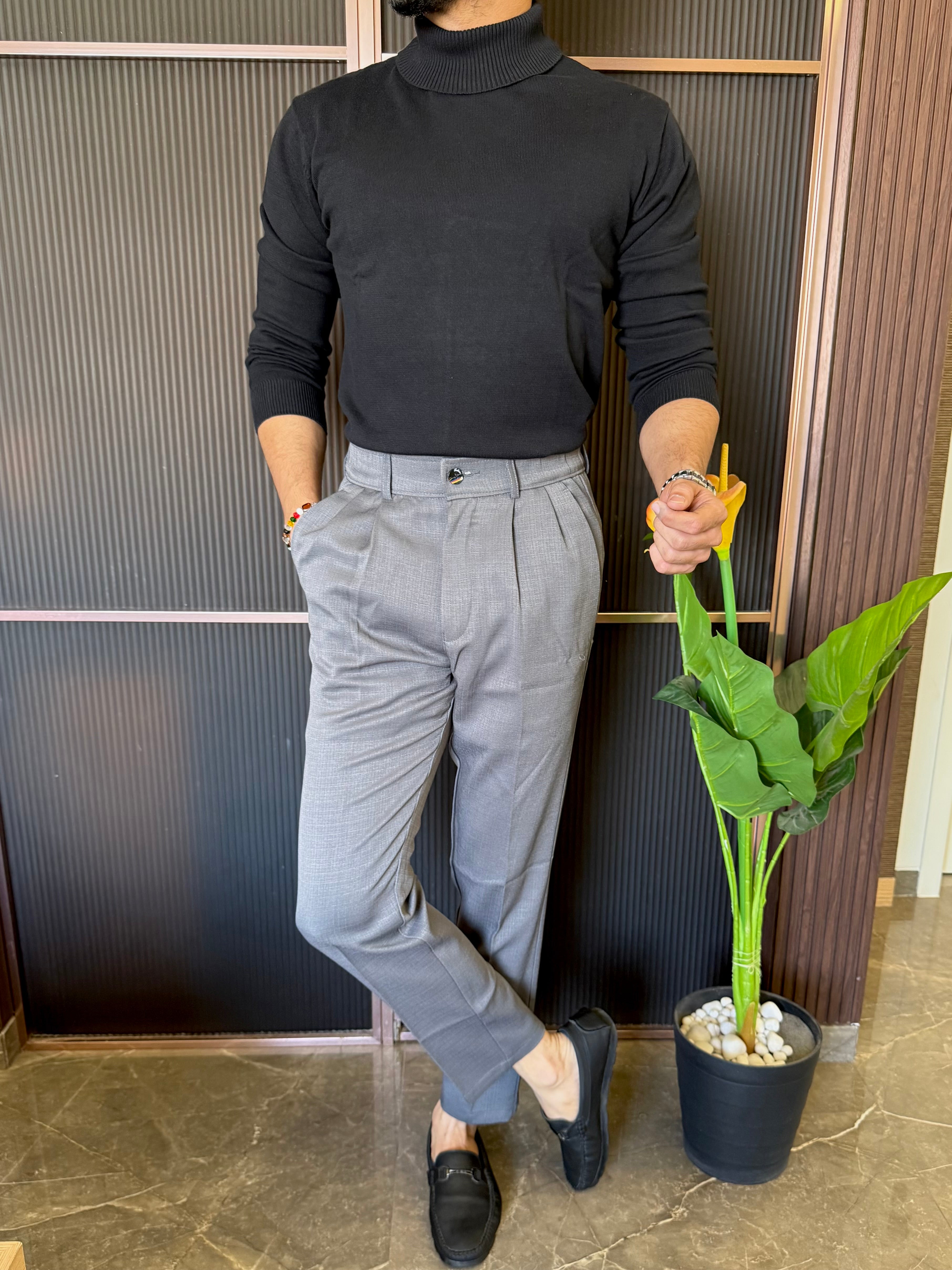 Knitted Turtle Neck Black Full sleeve T shirt