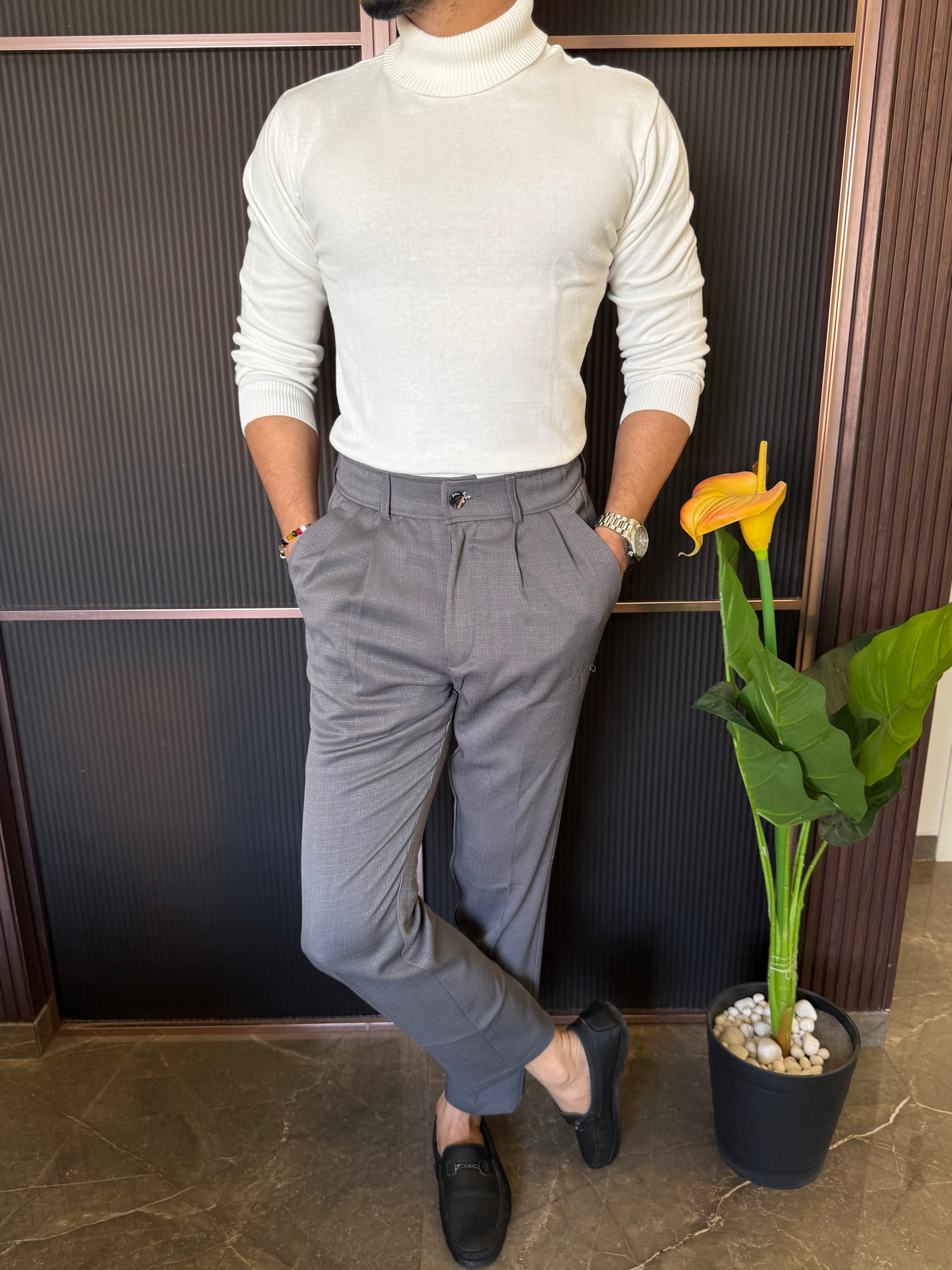 Knitted Turtle Neck White Fullsleeve Tshirt