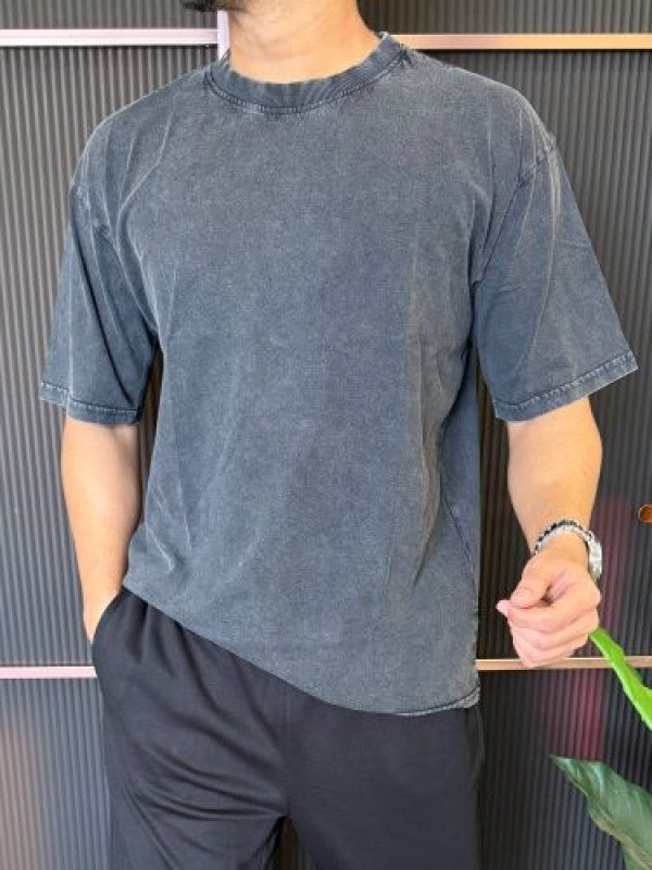 Over Dyed Drop Shoulder Charcoal  Half T shirt