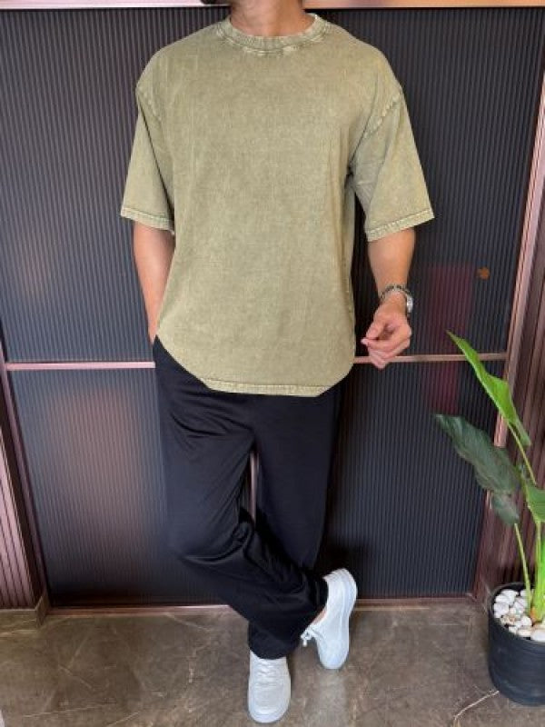 Over Dyed Drop Shoulder Green Half T shirt