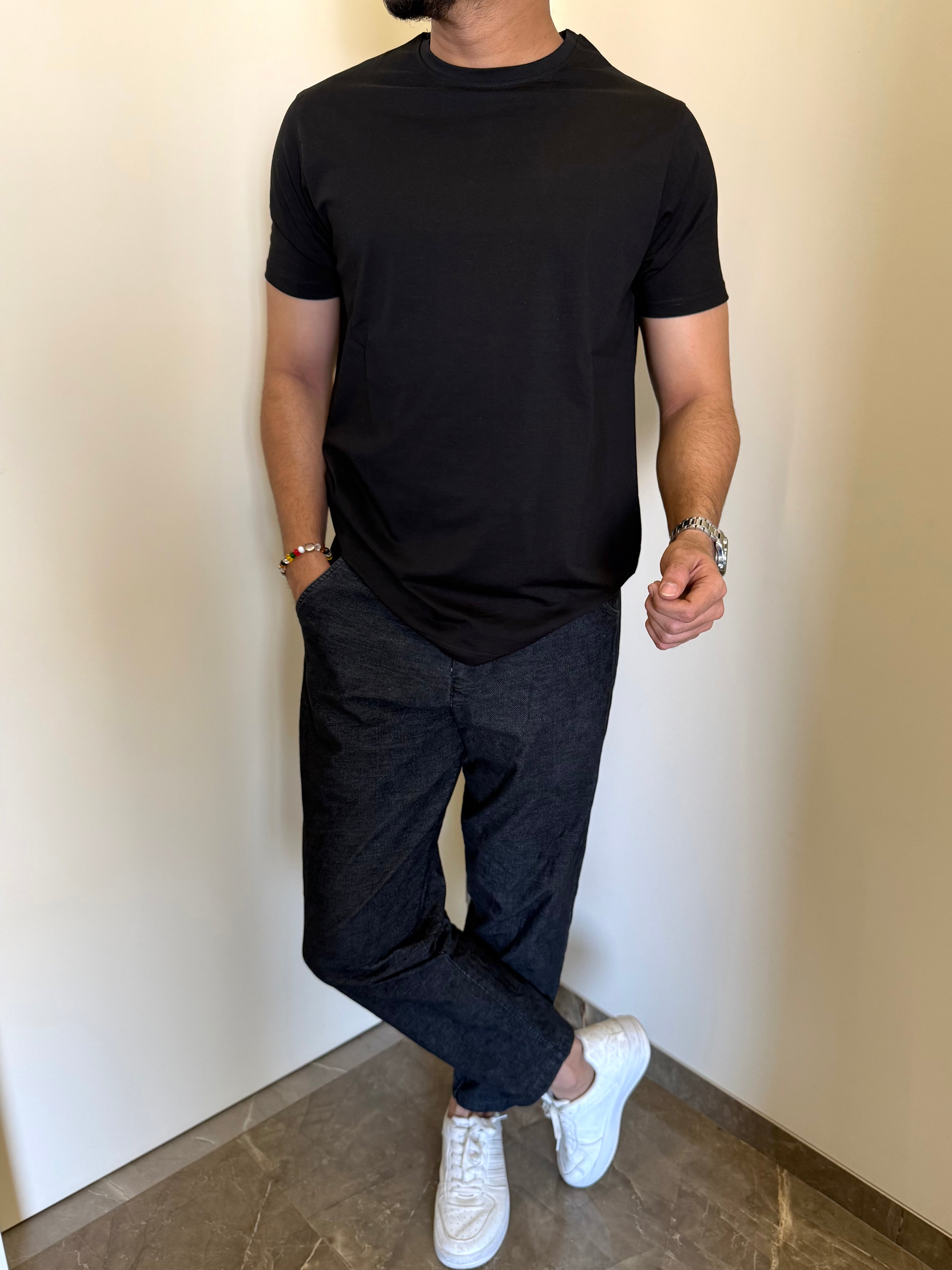 Smooth Cotton Lycra Black Half T Shirt