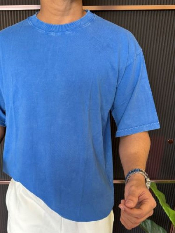 Over Dyed Drop Shoulder Blue Half T shirt