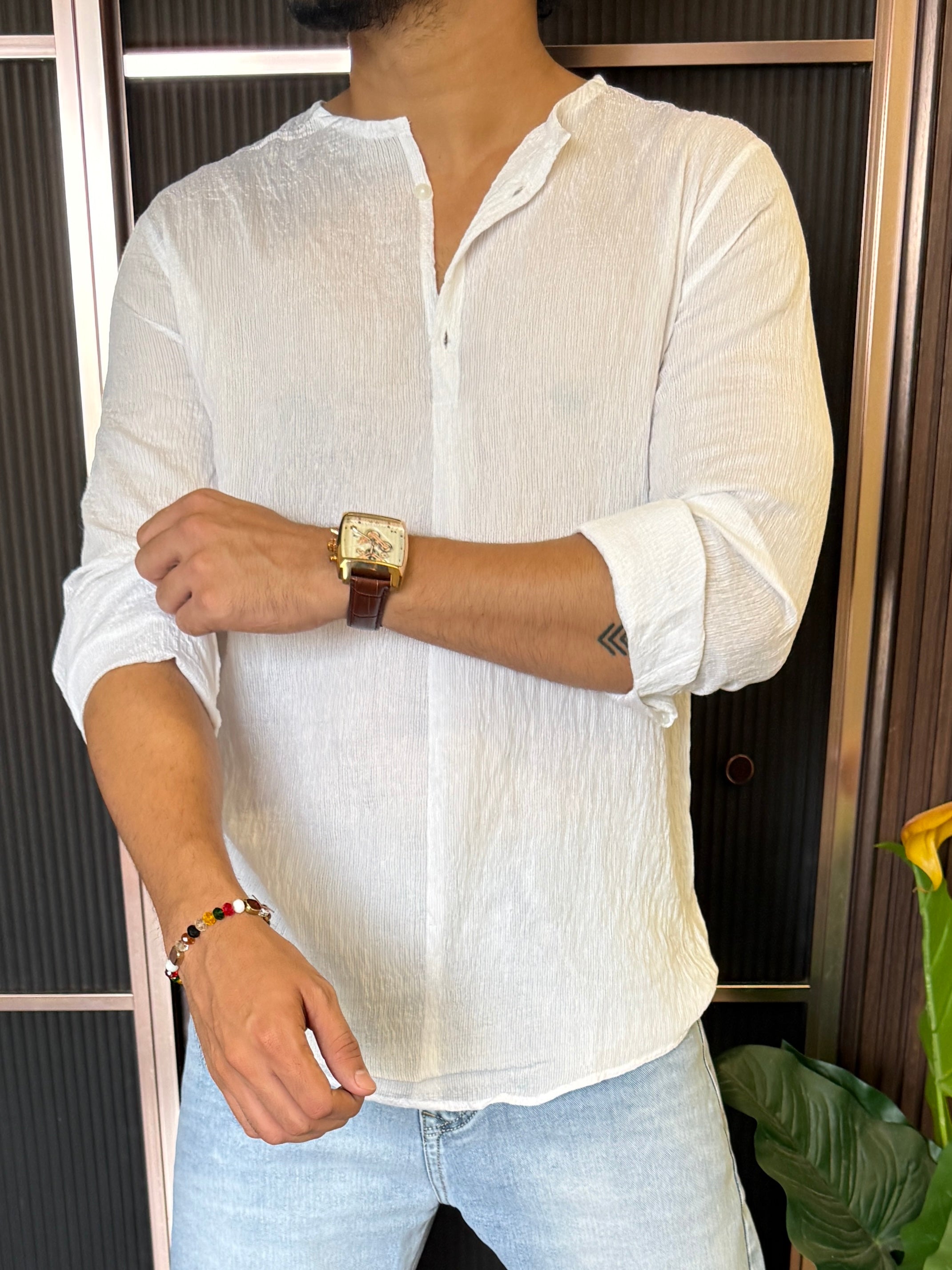Mandarin Crepe White Short Kurta