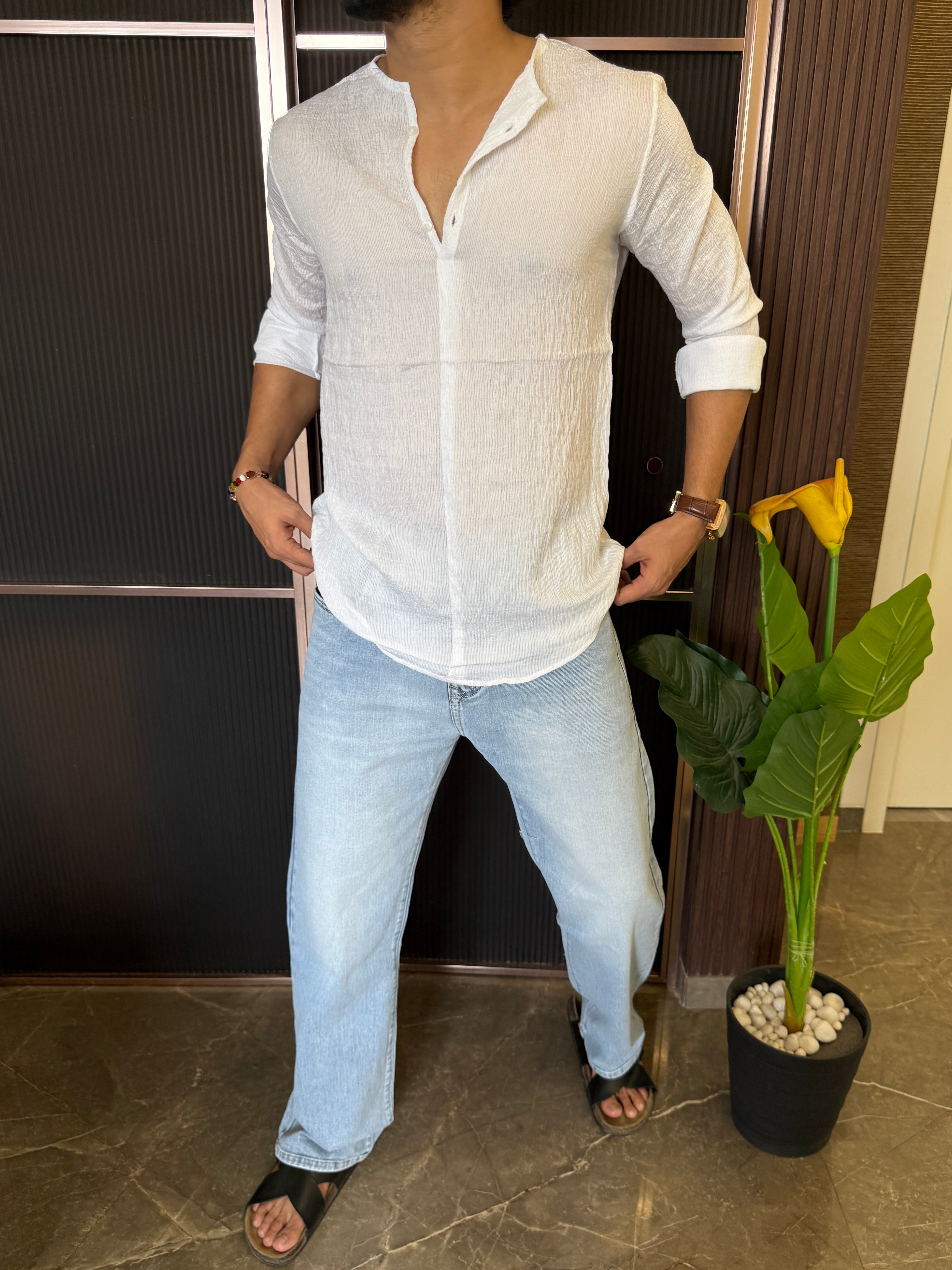 Mandarin Crepe White Short Kurta