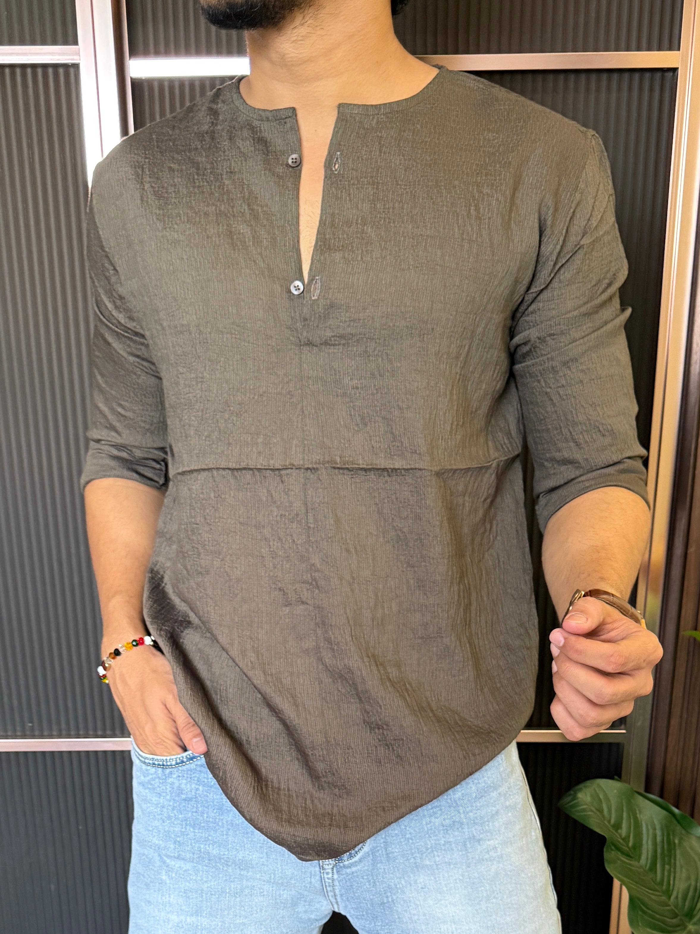 Mandarin Crepe Green Short Kurta