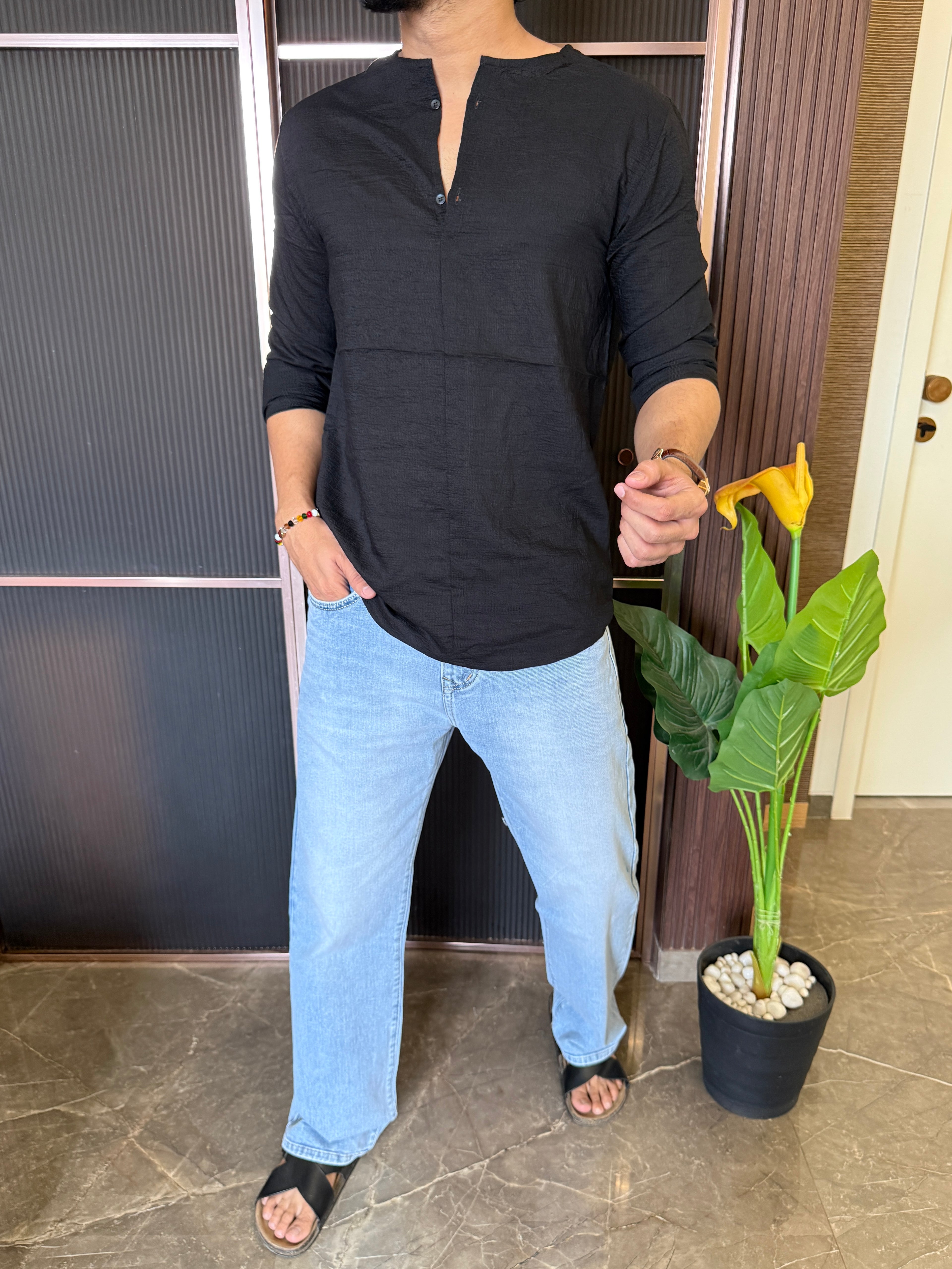 Mandarin Crepe Black Short Kurta