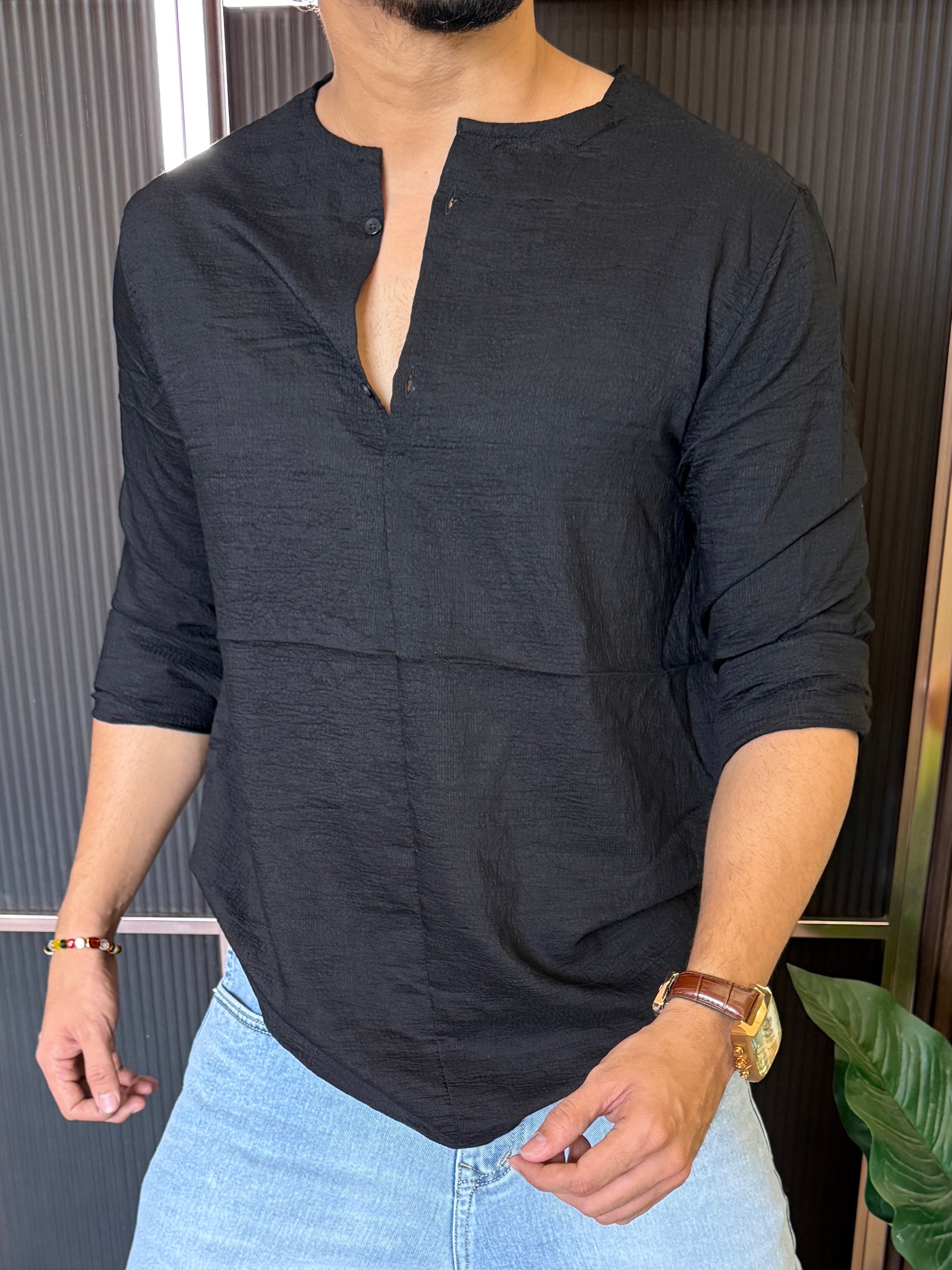 Mandarin Crepe Black Short Kurta