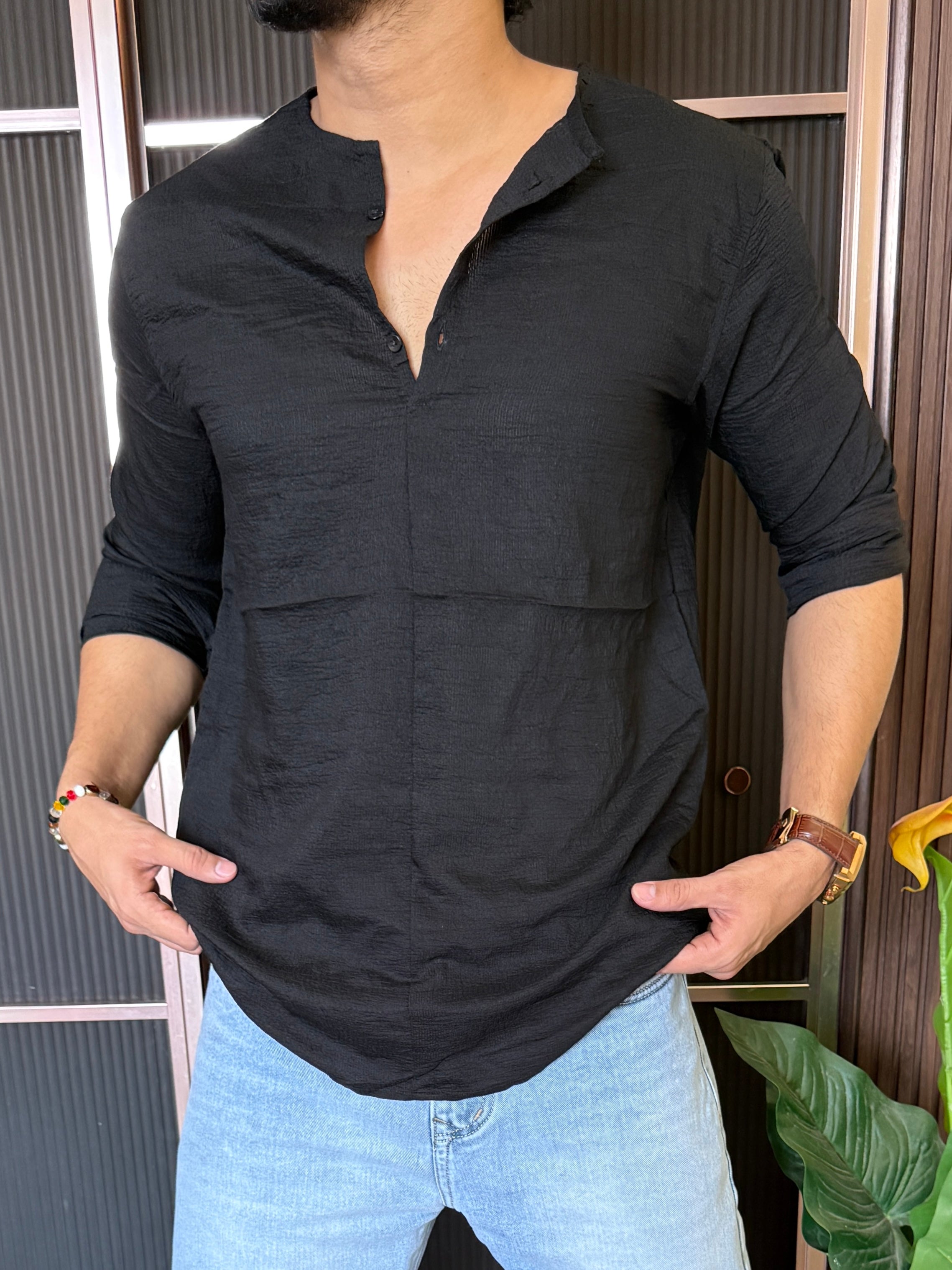 Mandarin Crepe Black Short Kurta