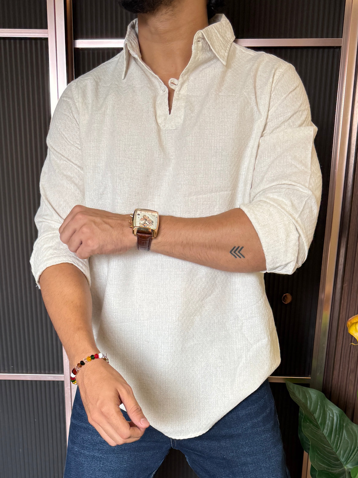 Loupee Style Collar Cream Kurta