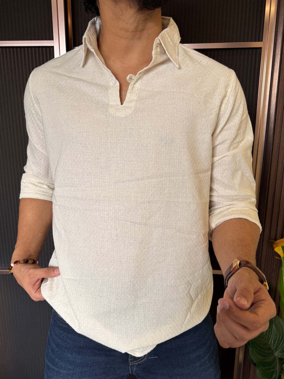 Loupee Style Collar Cream Kurta