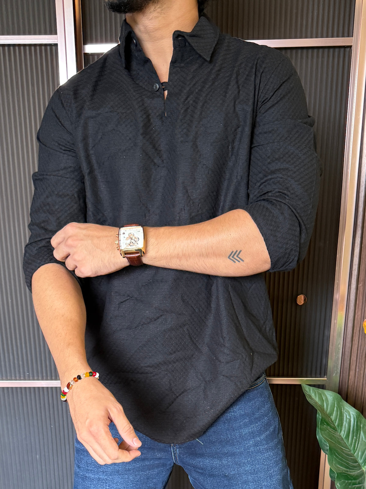 Loupee Style Collar Black Kurta