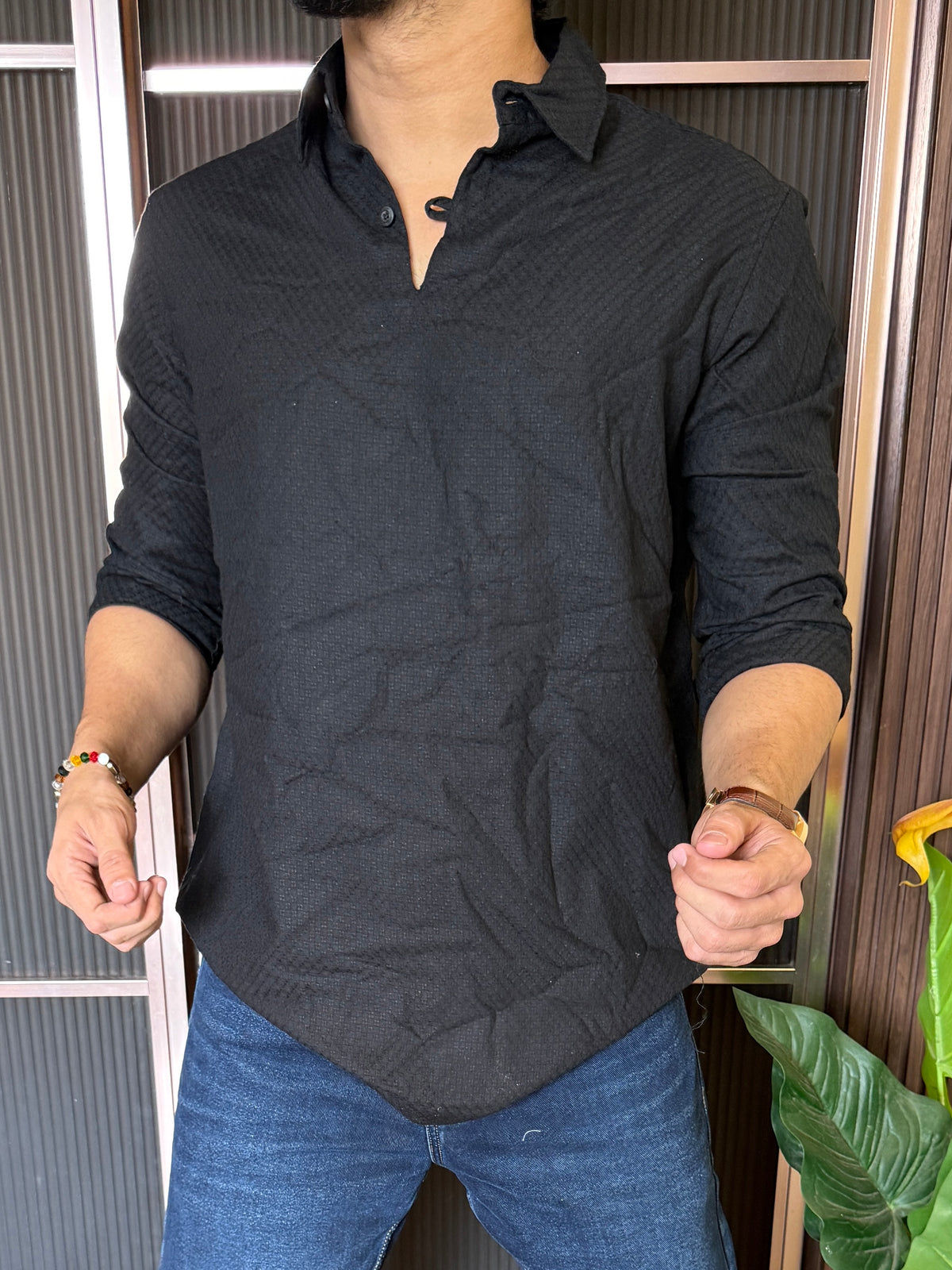 Loupee Style Collar Black Kurta