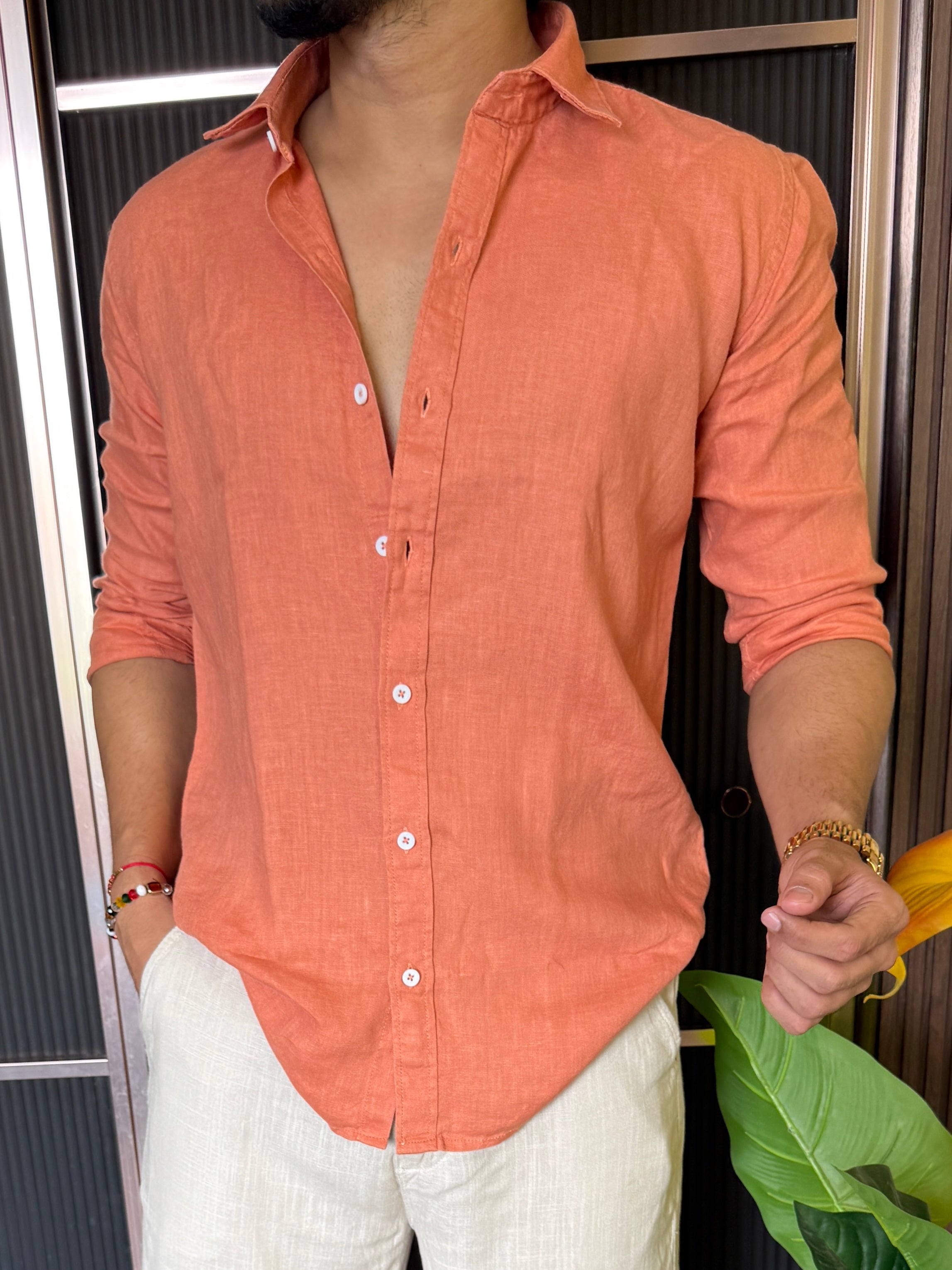 A Pure linen Orange Full Shirt