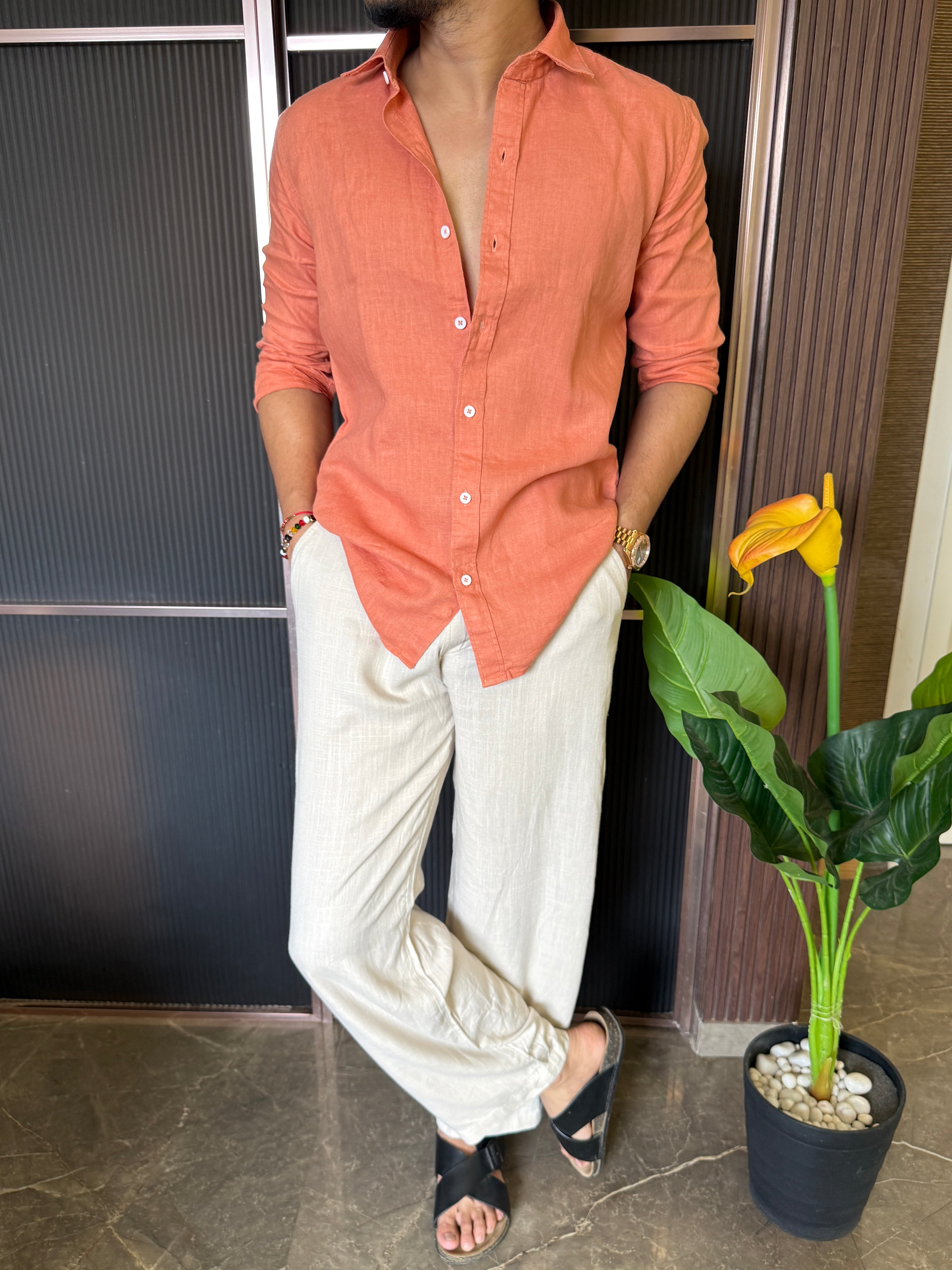 A Pure linen Orange Full Shirt
