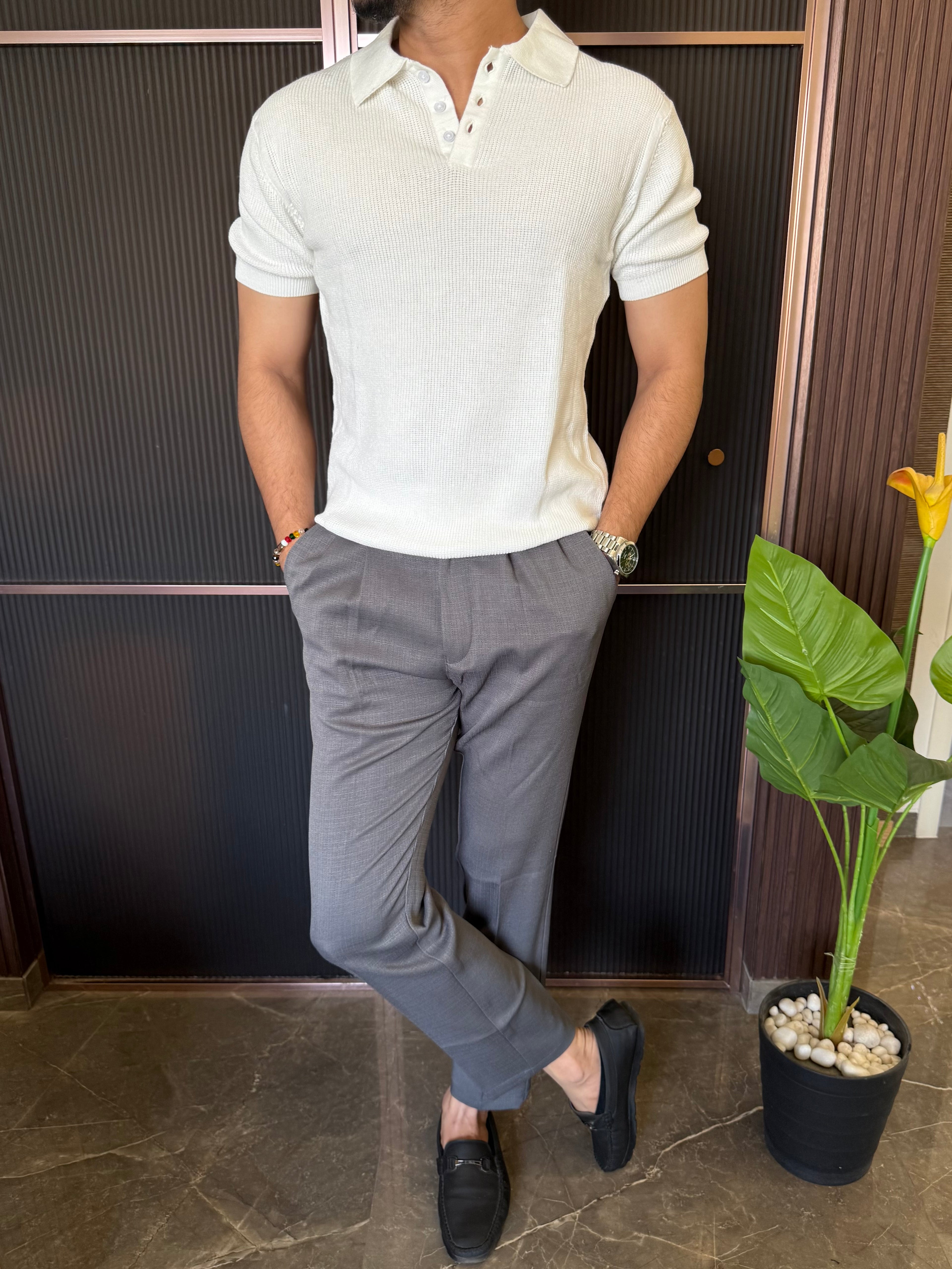 Heavy knitt  Collar White T shirt