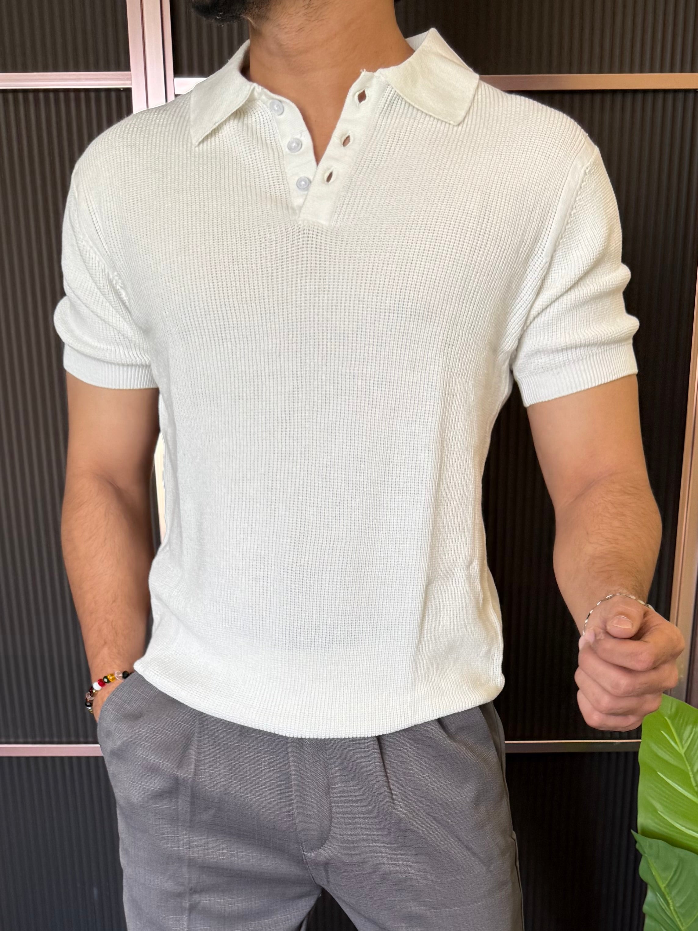 Heavy knitt  Collar White T shirt