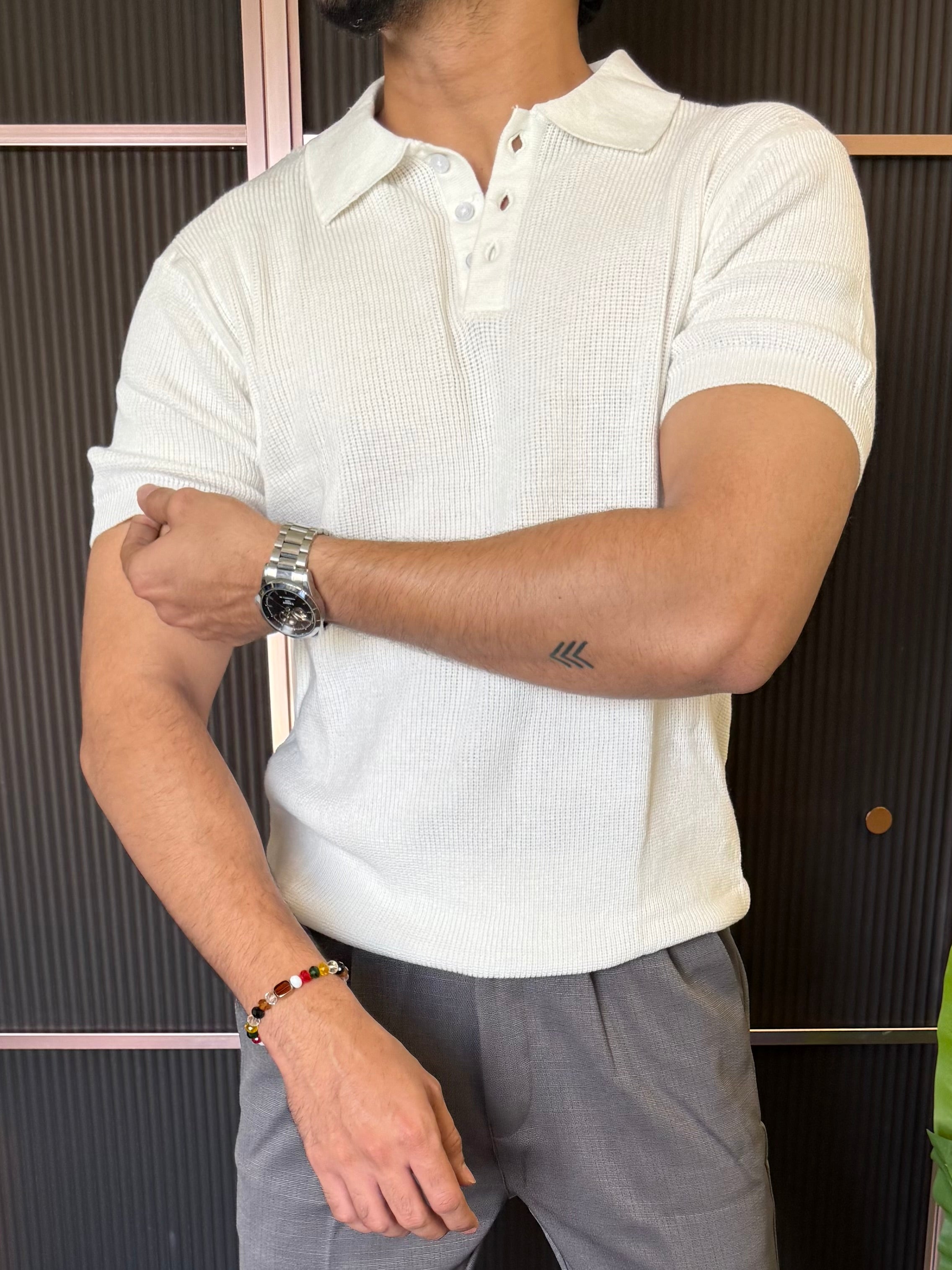 Heavy knitt  Collar White T shirt