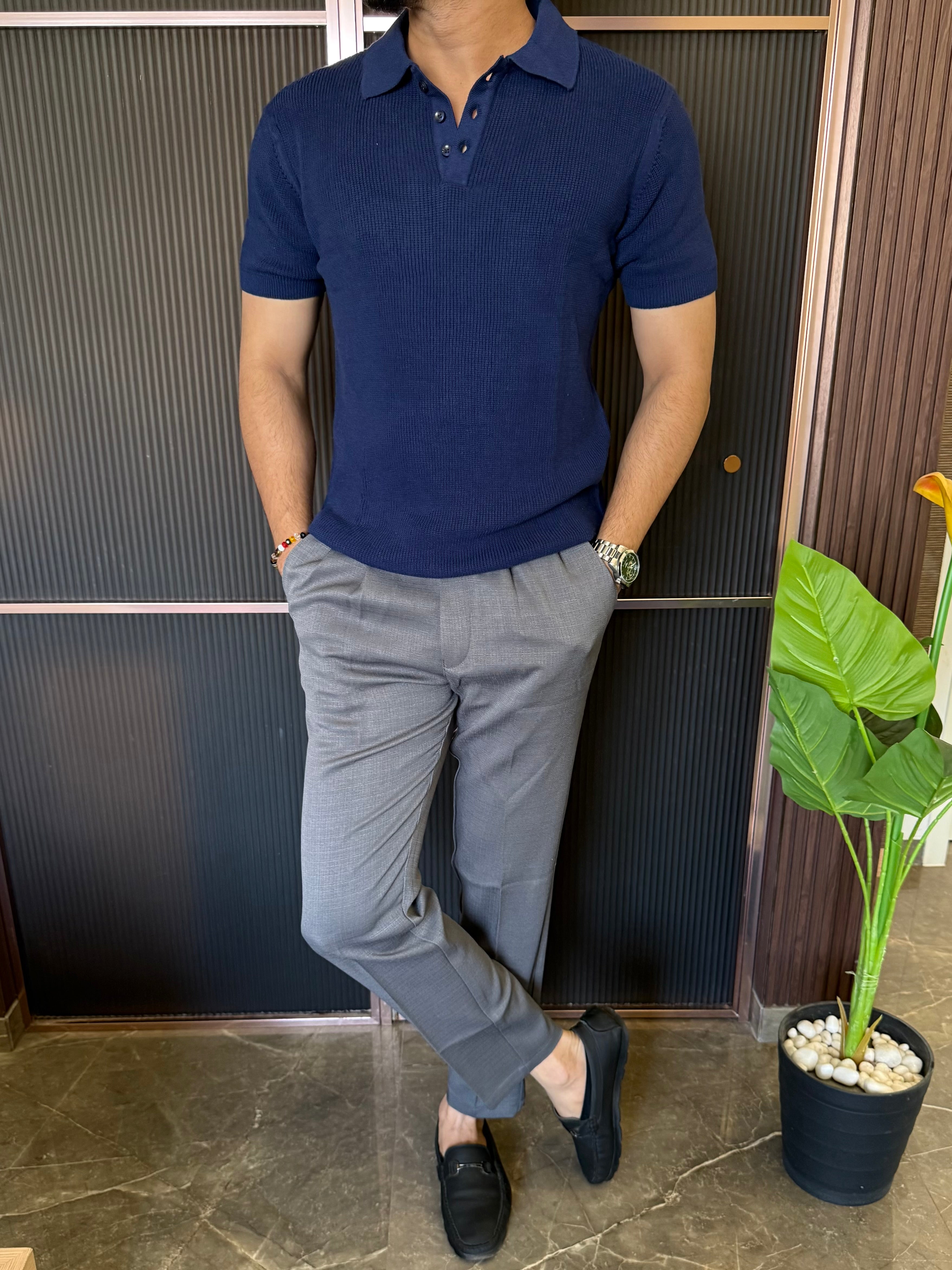 Heavy knitt  Collar Navy T shirt