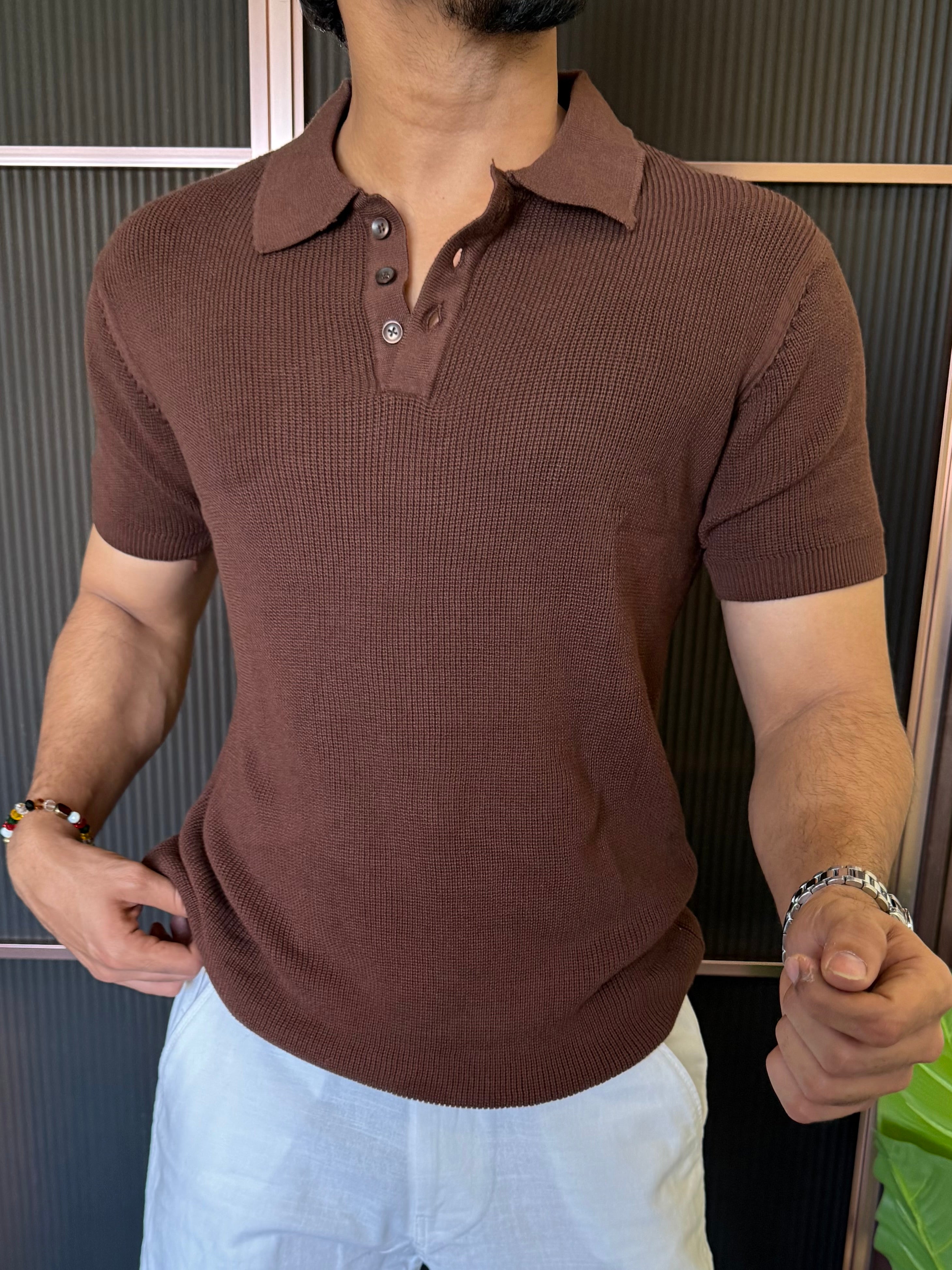 Heavy knitt  Collar Brown T shirt