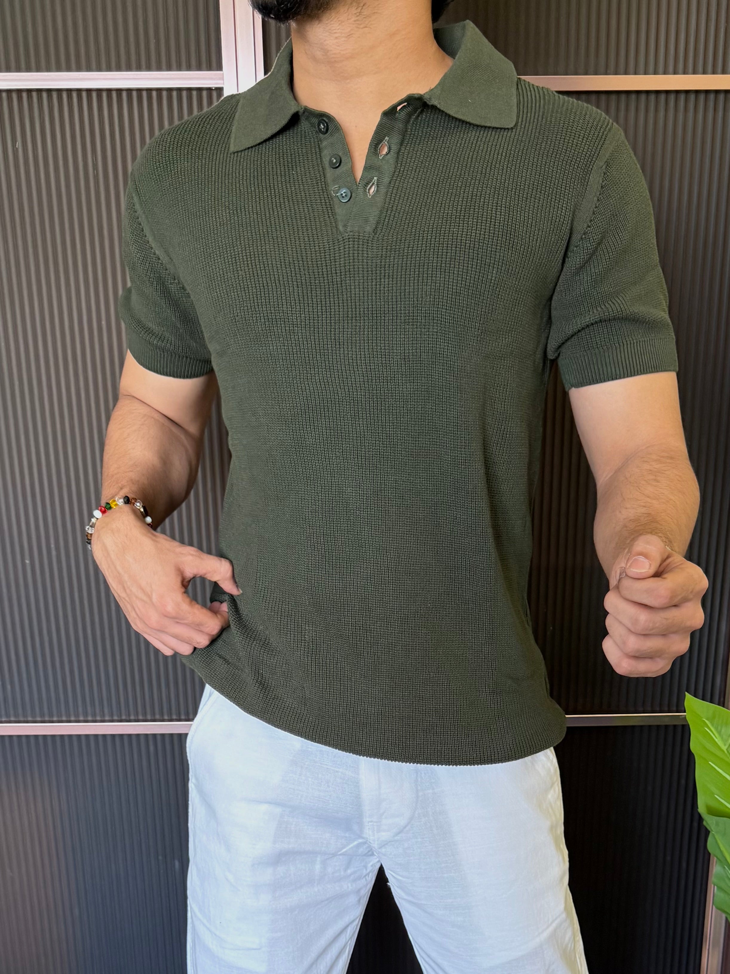 Heavy knitt  Collar Olive T shirt