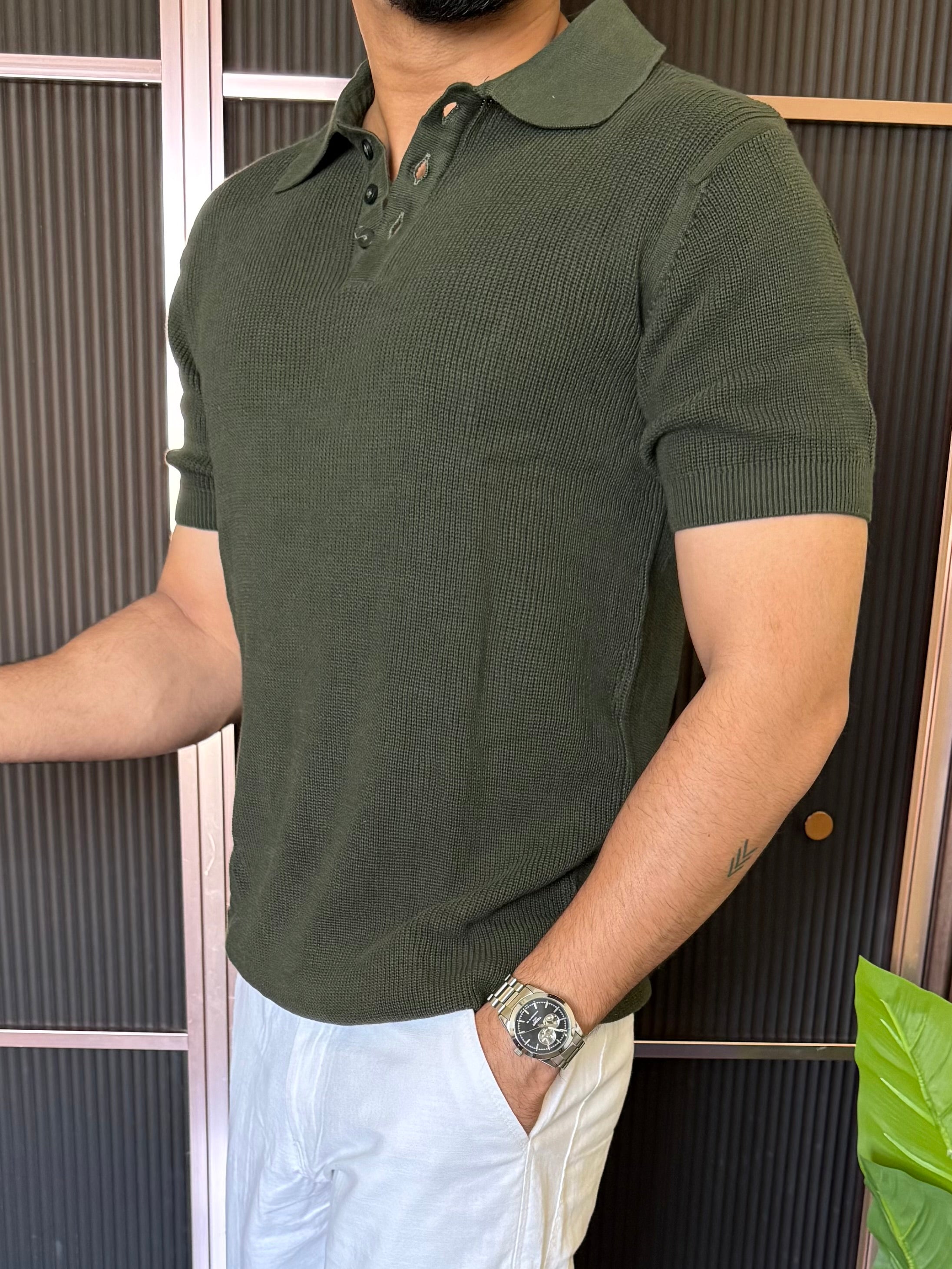 Heavy knitt  Collar Olive T shirt