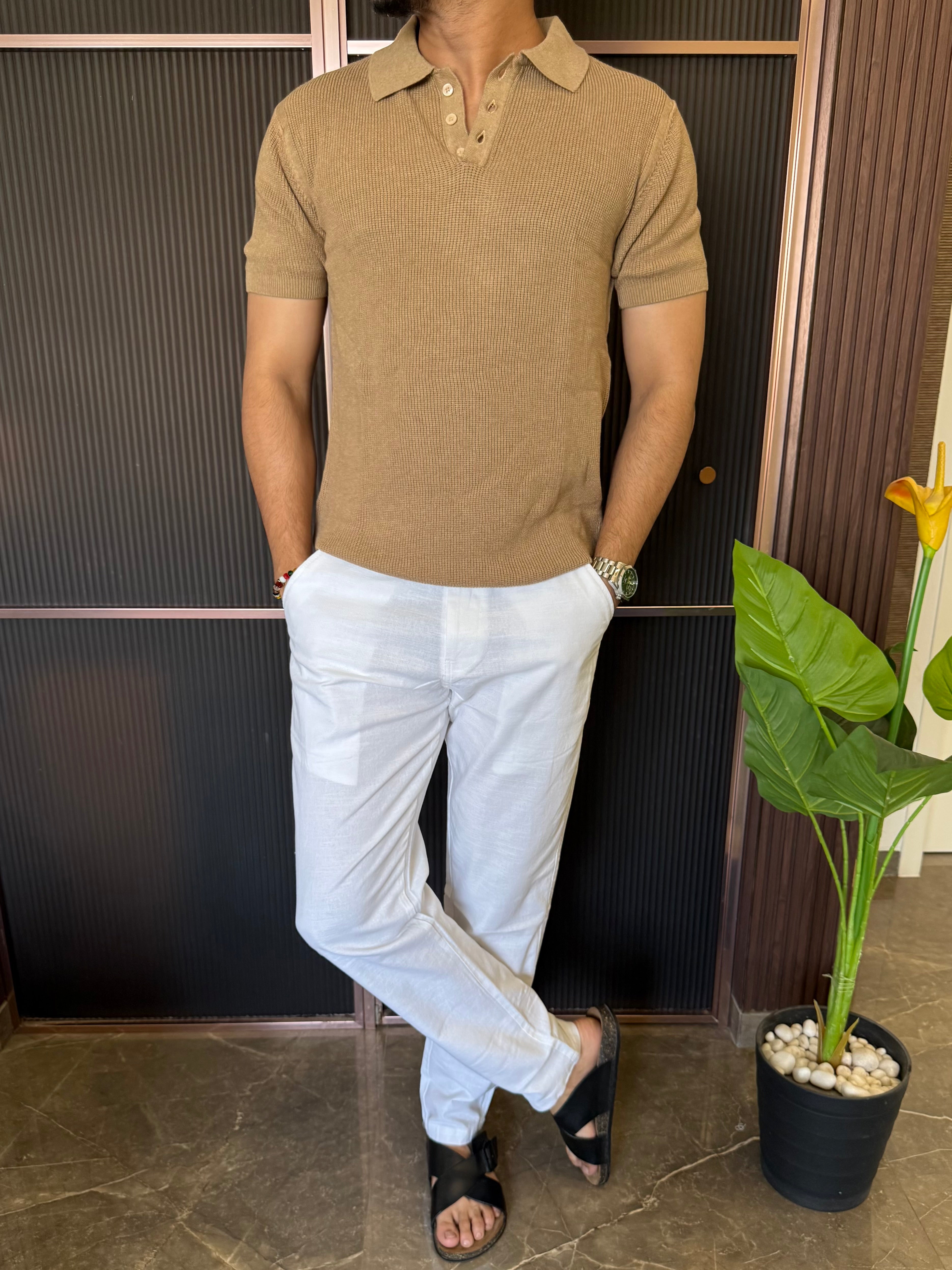 Heavy knitt Collar Camel T shirt