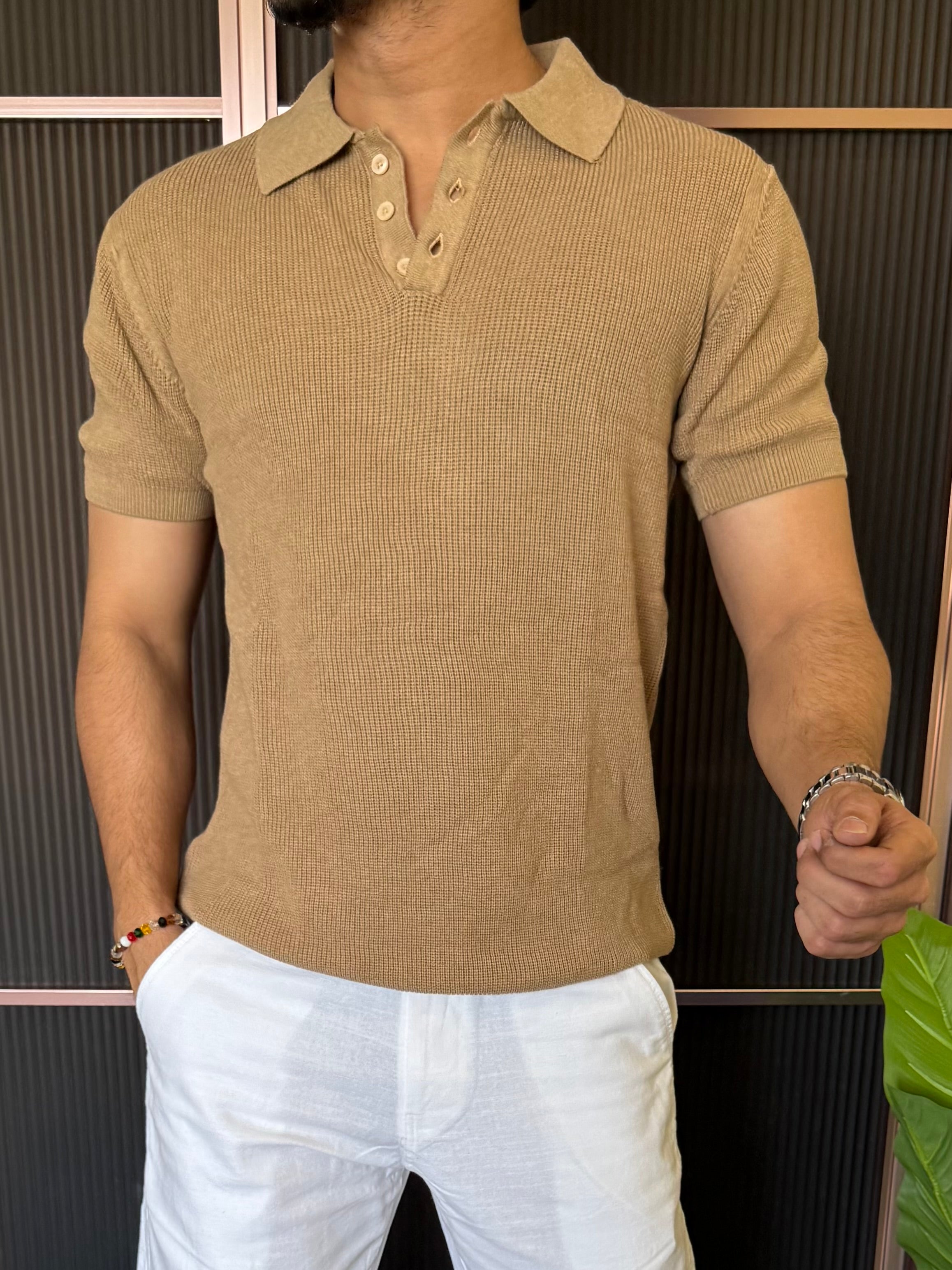 Heavy knitt Collar Camel T shirt