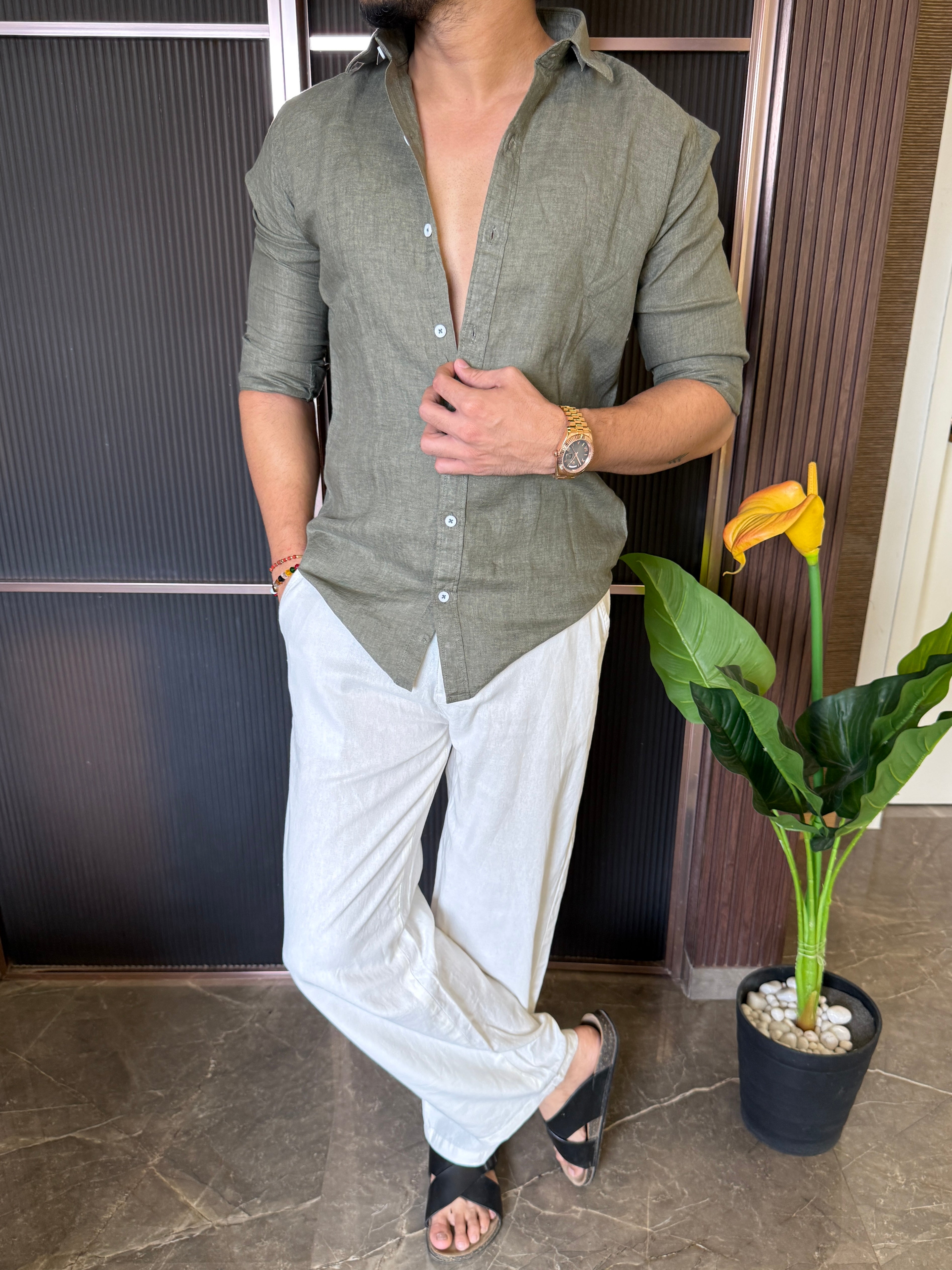 A Pure linen Olive Full Shirt