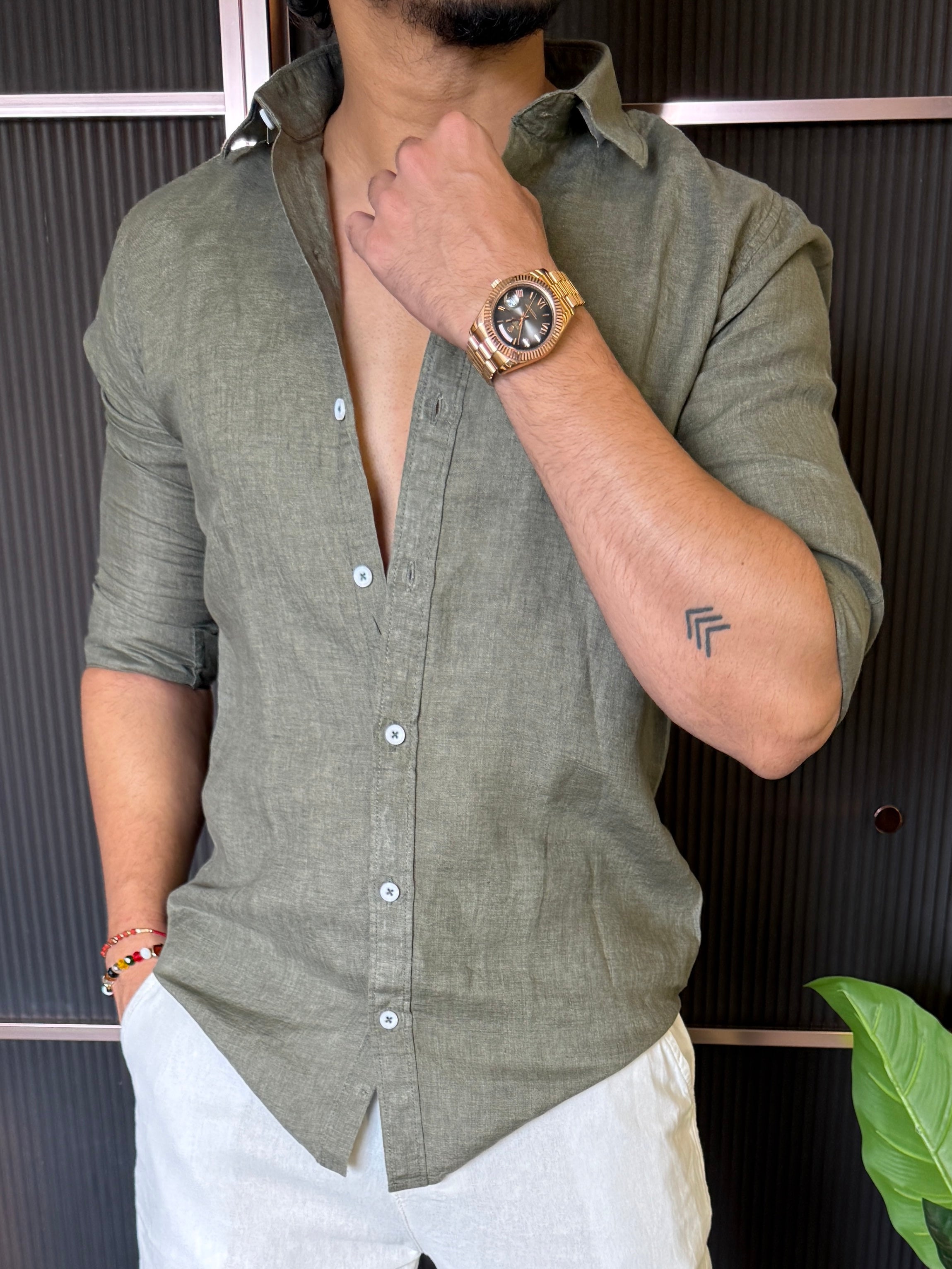 A Pure linen Olive Full Shirt