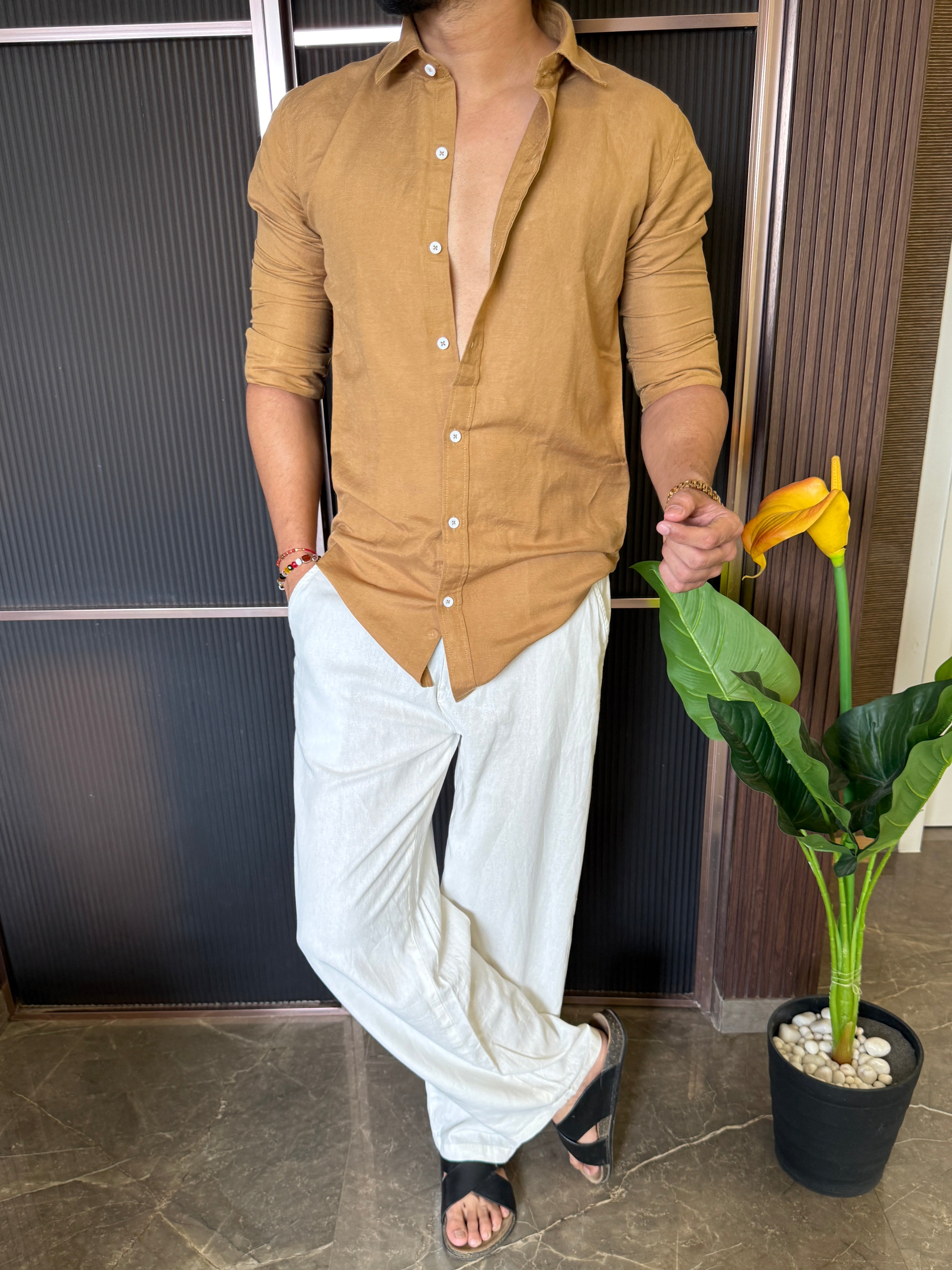 A Pure linen Mustard Full Shirt