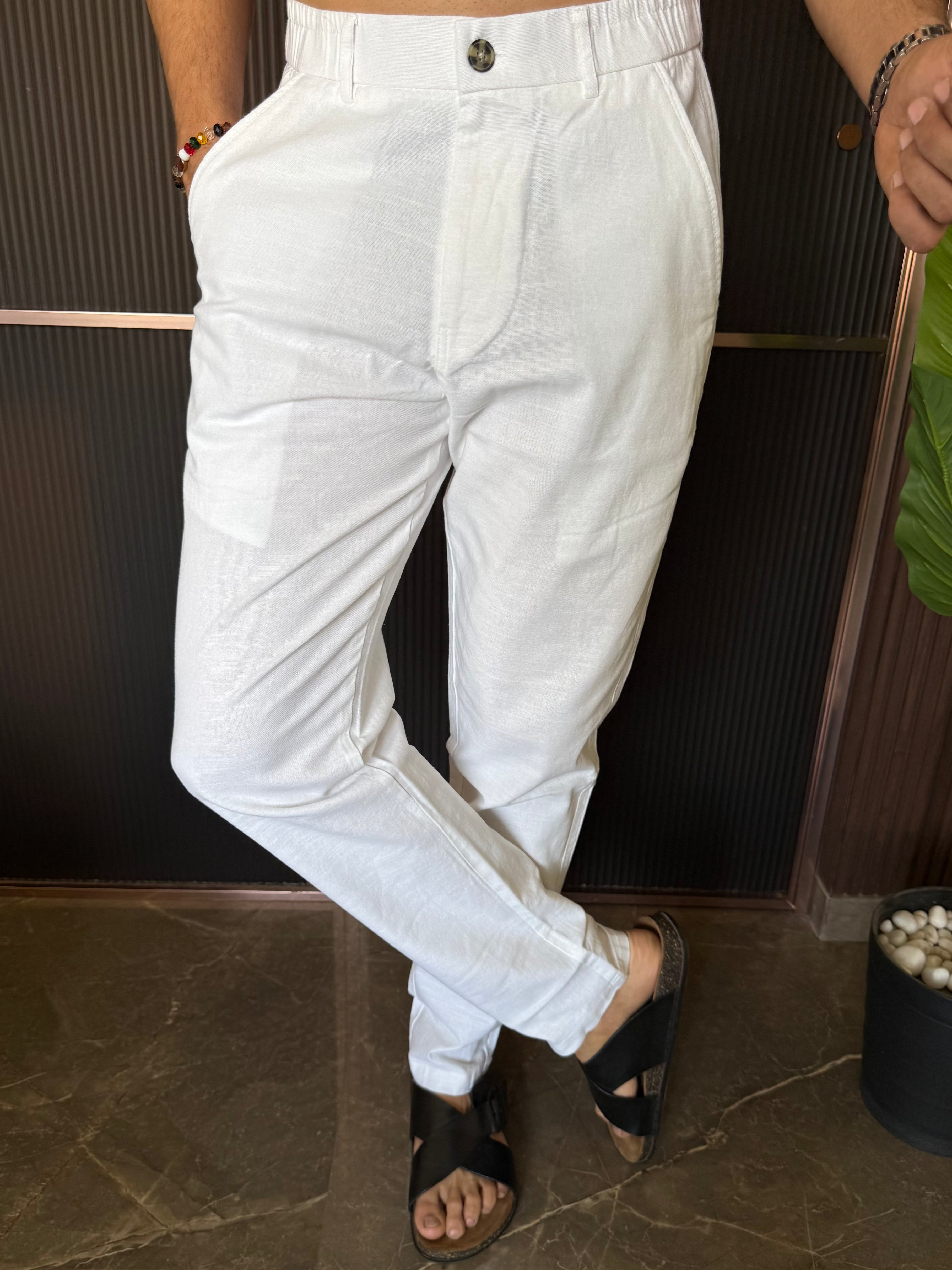 Elastic Waist White Linen Pant