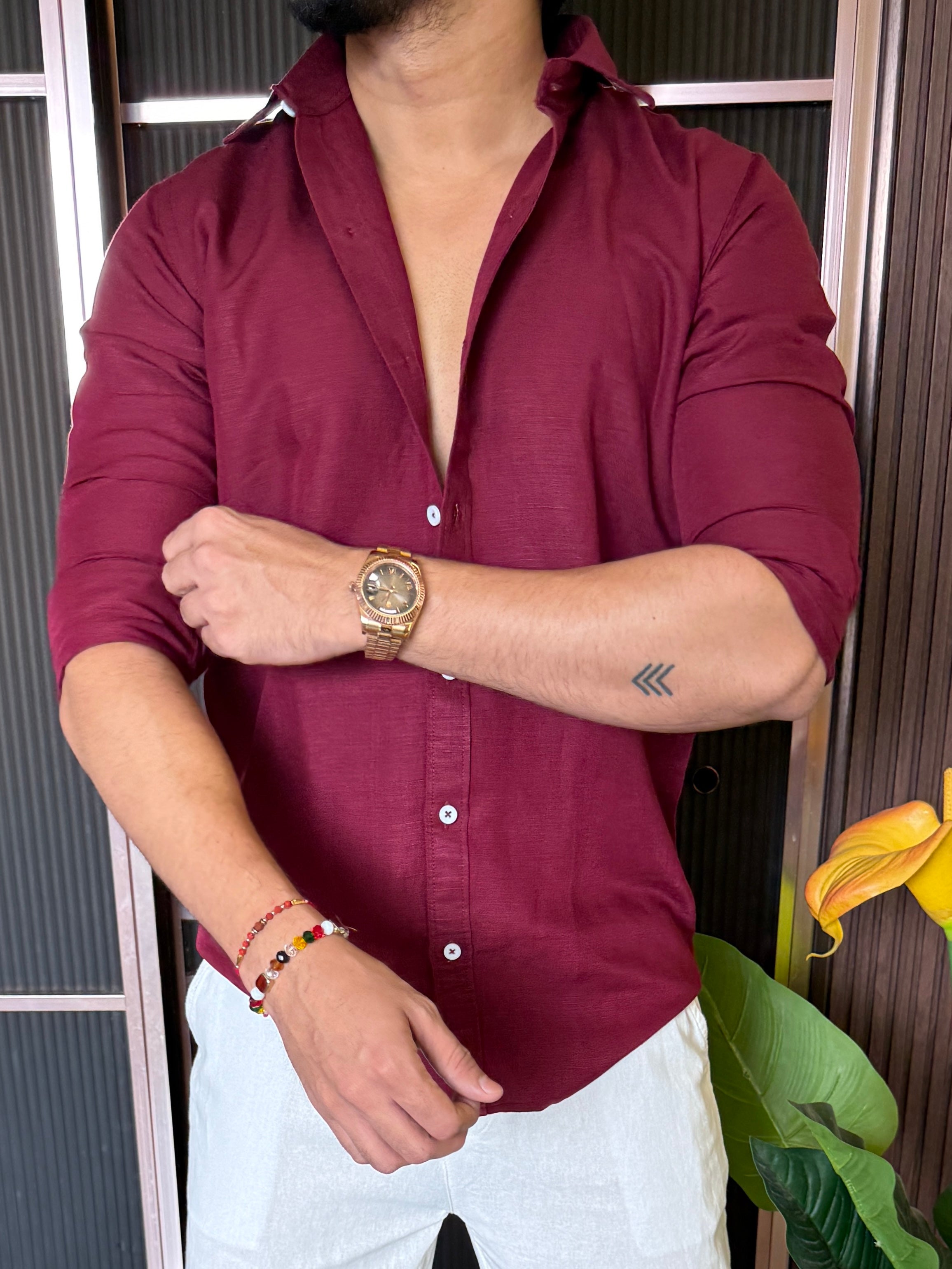 A Pure linen Maroon Full Shirt